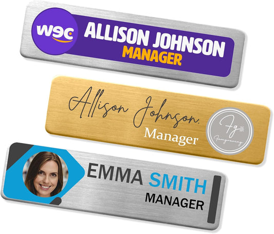 Personalized Name Tag Badges Identification Customized with Text & Logos, Acrylic Name ID for Clothing with Pin or Magnetic Backing, Gold & Silver Plates for Business or Employees (Your own Design)