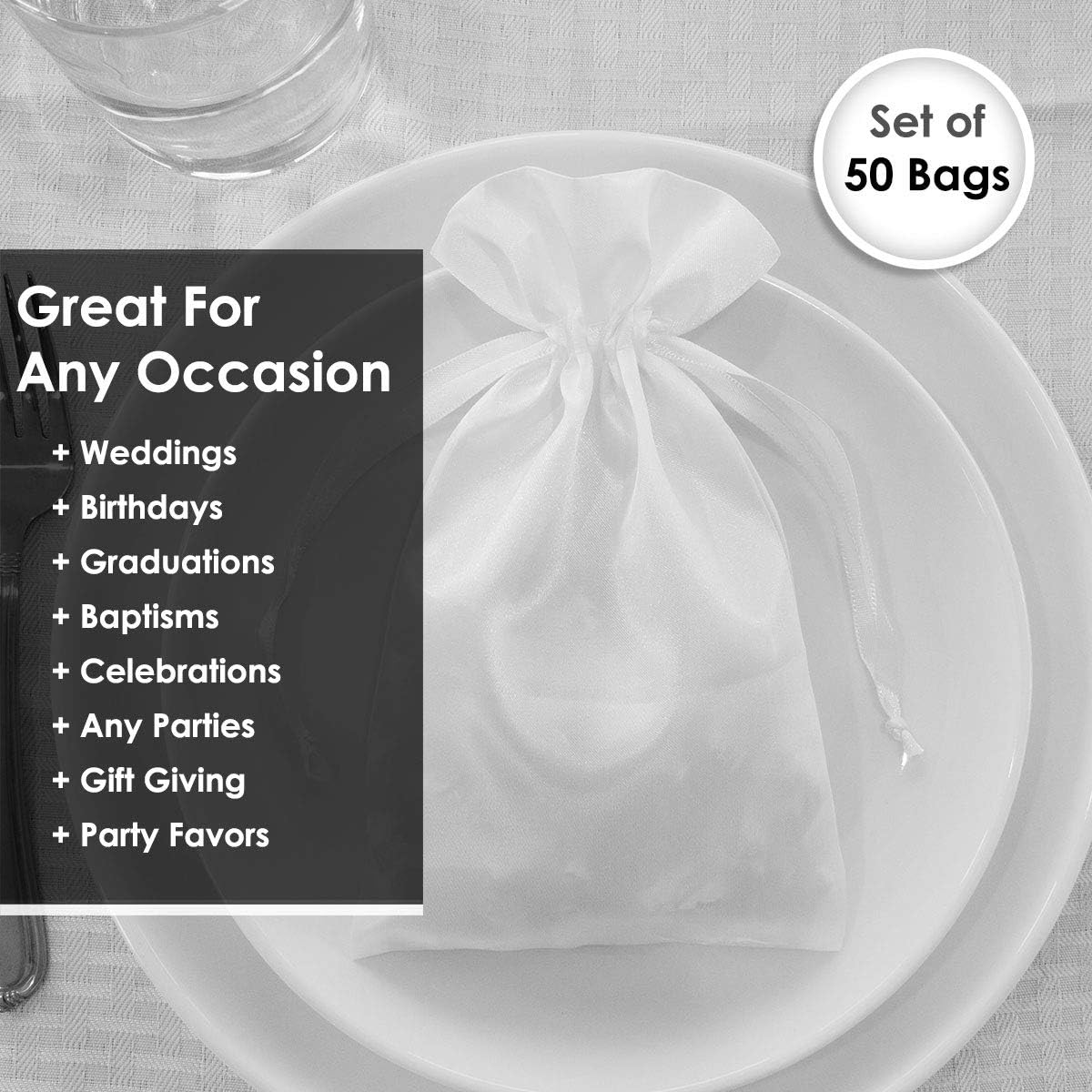 5" x 8" White Satin Gift Bags, Jewelry Bags, Wedding Favor Drawstring Baby Shower Christmas 50 per Pack