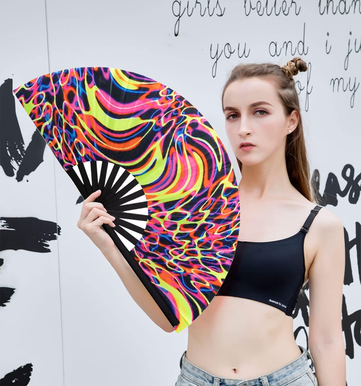 Amajiji Rave Folding Hand Fan Popping Fans for Line Dancing, Large Clacking Fans Clap Fan for Boots On The Ground Dance,Party,Decoration,Festival (Psychedelic Neon)