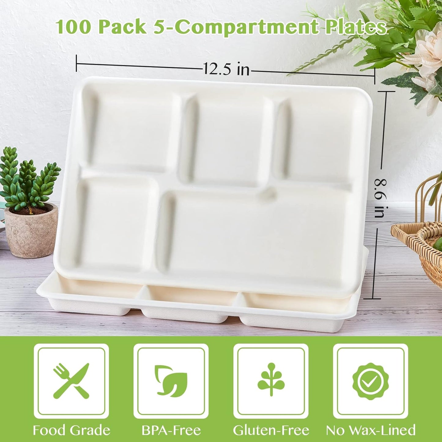 ECOLipak 100% Compostable 5 Compartment Plates, 100 Pack Disposable Compartment Paper Plates, 12.5 * 8.6 inch Biodegradable Sugarcane Plates, Eco-Friendly School Lunch Trays
