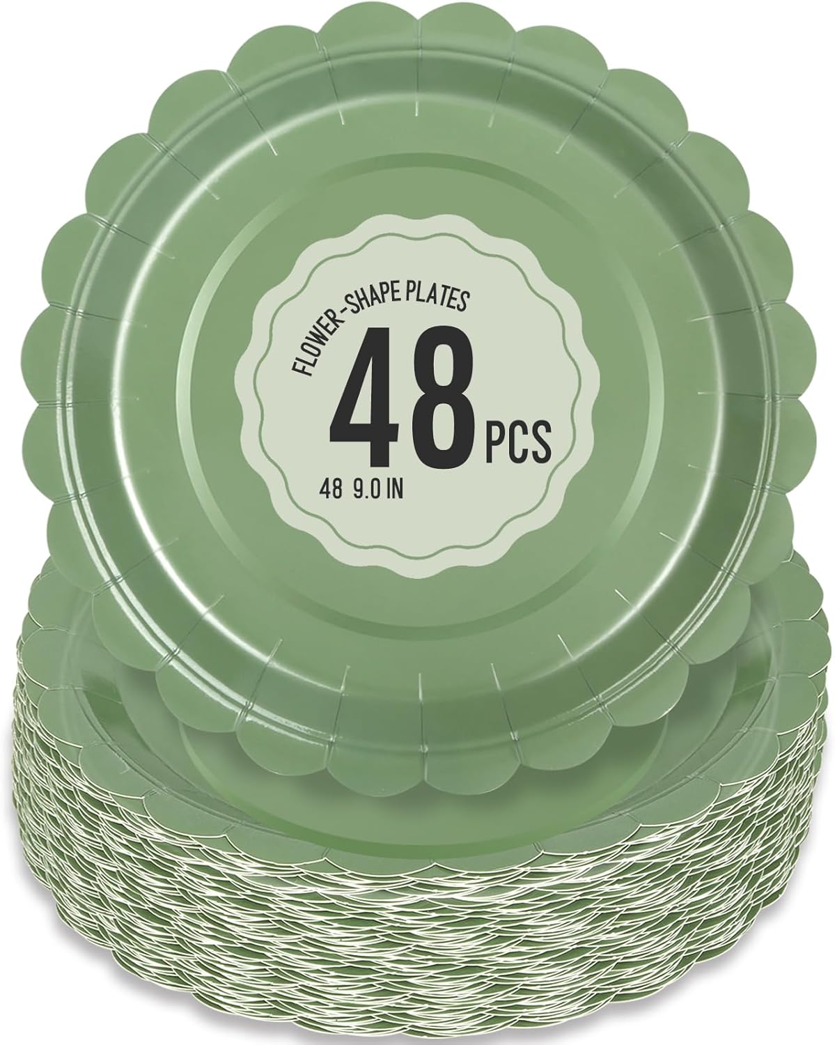 48 Pcs Sage Green Paper Plates 9 Inch Scalloped Dessert Plates - Disposable Sage Green Cake Plate - Baby Shower Birthday Party Wedding Bridal Party Supplies