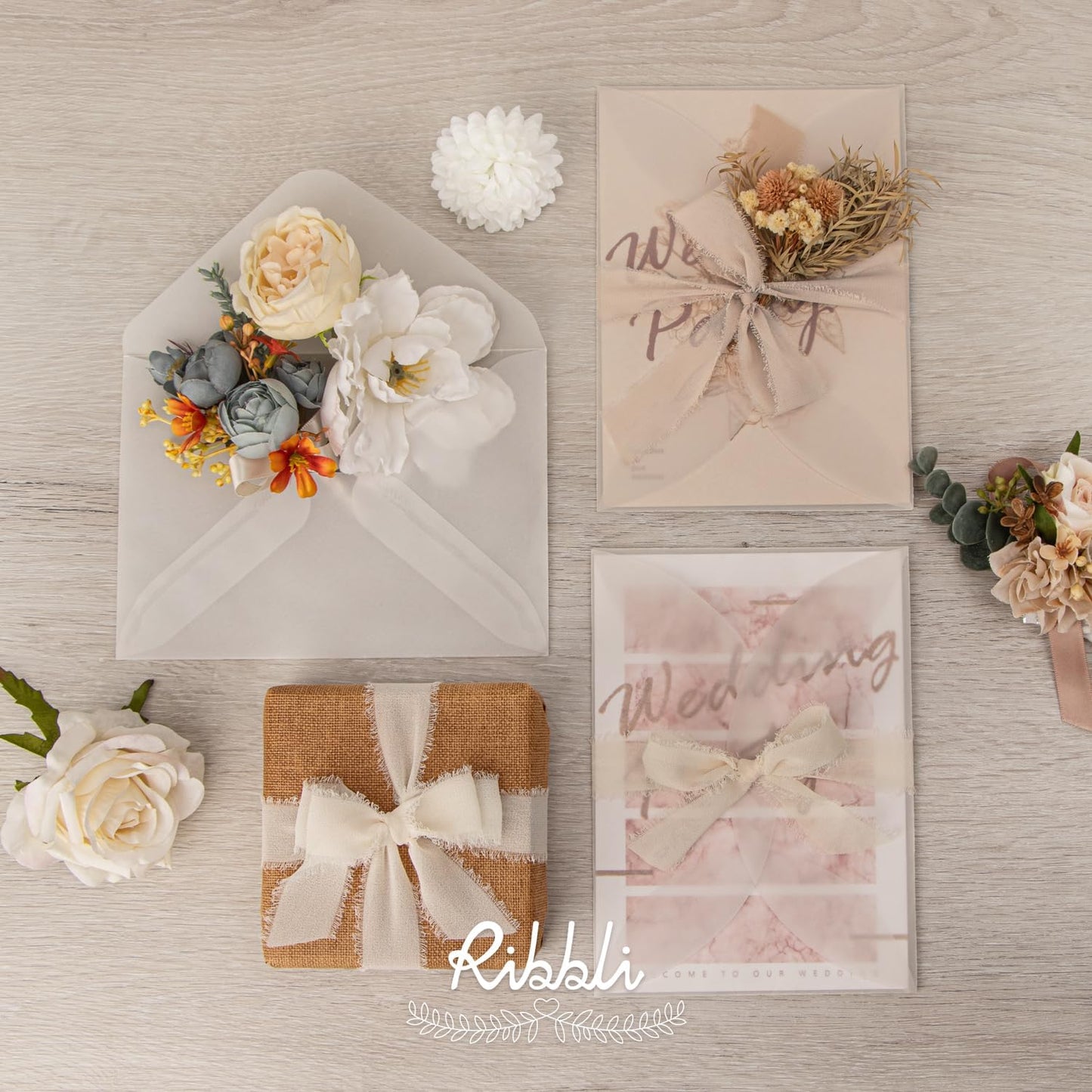 Ribbli Nude Ribbon 1 Inch x 3 Rolls Total 24 Yards Cream/Nude/Beige Handmade Fringe Chiffon Silk Ribbon for Wrapping Wedding Invitations Bridal Bouquets DIY Crafts Home Decor