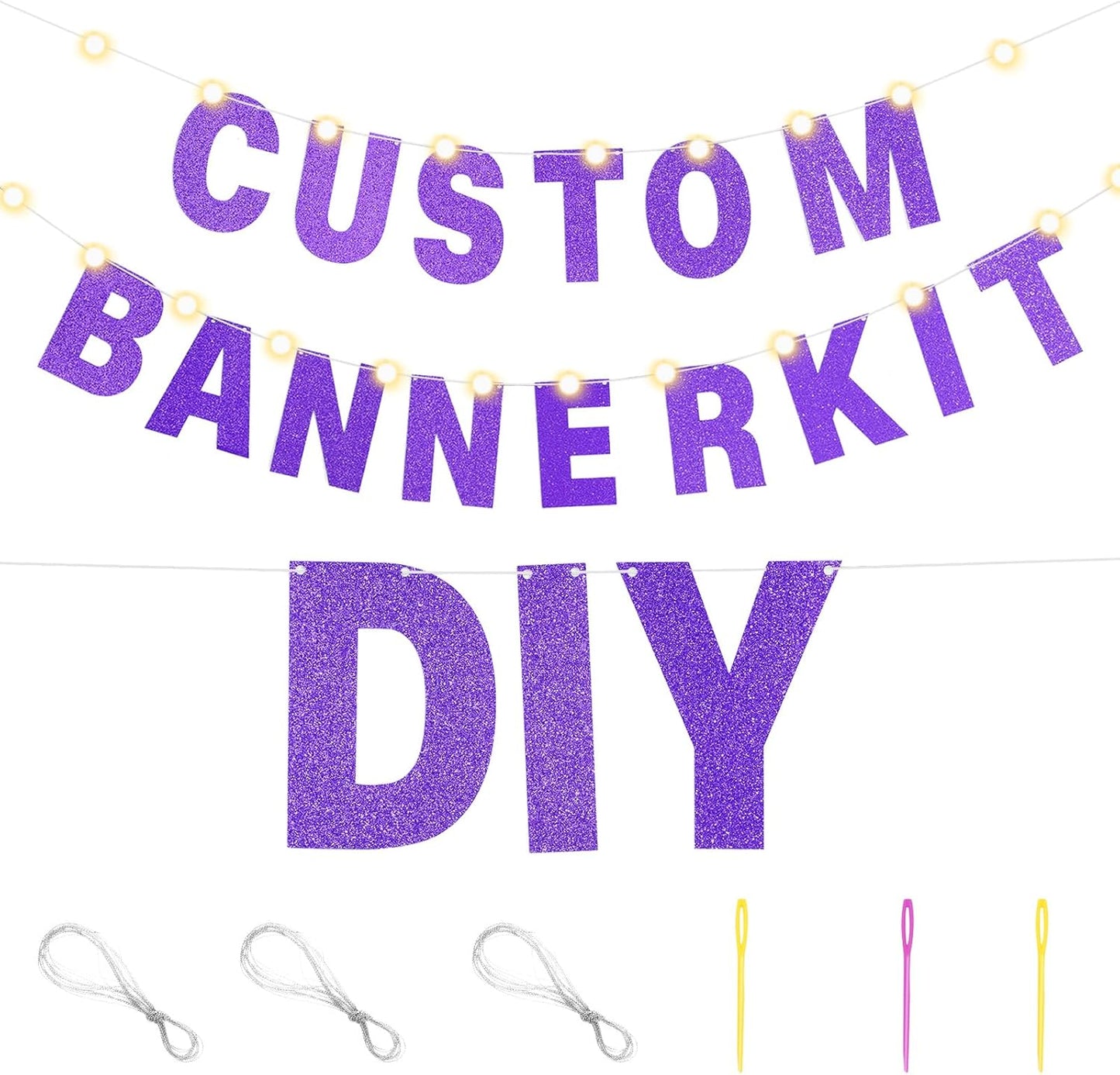 TaoBary 112 Pcs DIY Letter Kit Glitter Customizable Banner Letters Include 107 Letters and Numbers 3 Rope and 2 Needles for Birthday Halloween Christmas Wedding Valentine Party Decor(Purple)