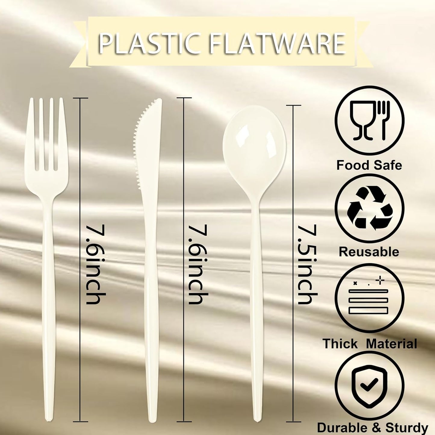 Supernal 180pcs Plastic Silverware Heavy Duty Ivory Plastic Utensils Cutlery Disposable Beige Plastic Cutlery Include 60 Plastic Forks,60 Plastic Knvies,60 Plastic Spoons for Party,Wedding