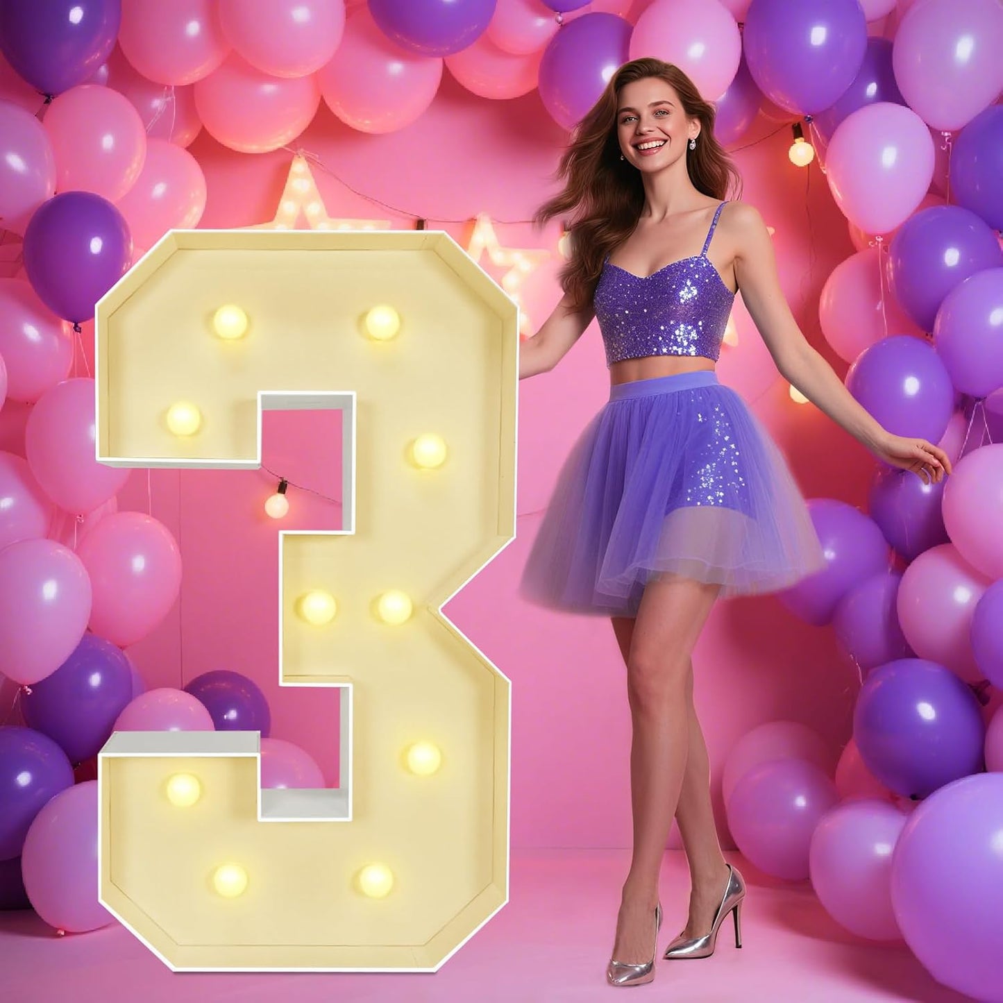 Marquee Light Up Numbers: 4FT Large Decorative Letters Signs for Party Decorations Baby Shower Birthday Wedding Engagement Anniversary, 4 Feet Tall Pre-Cut DIY Foamboard Number 3 - Easy to Assemble