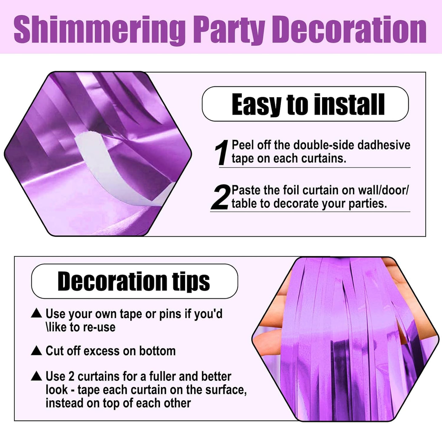 3 Pack Light Purple Foil Fringe Curtain Backdrop, 3.28Ft x 8.2Ft Metallic Tinsel Foil Fringe Streamer Curtains for Photo Booth, Christmas Day, Thanksgiving, Wedding, New Year Party Decorations