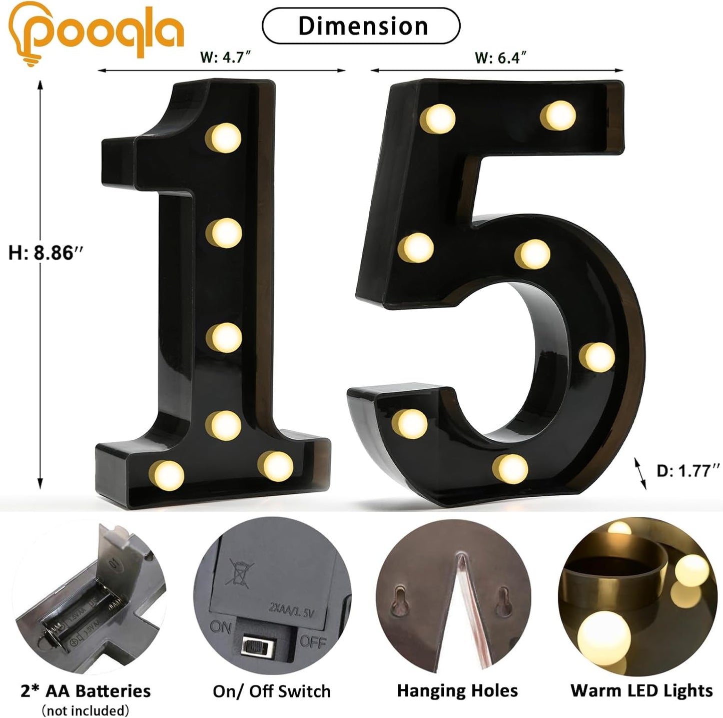 Pooqla Decorative Led Light Up Number Letters, Black Plastic Marquee Number Lights Sign for 15th Birthday Party Wedding Decor Battery Operated Black Decoration 15