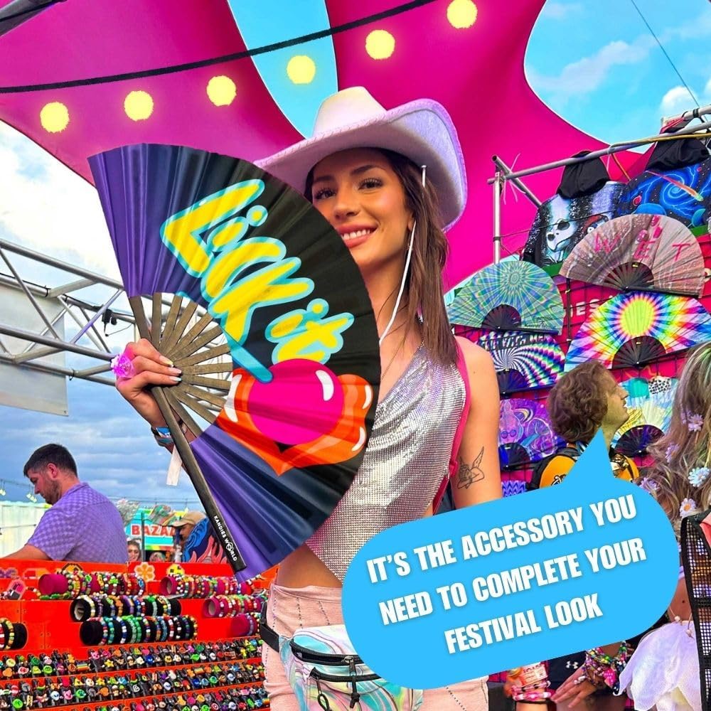 Kandies World UV Reactive Custom Festival Folding Hand Fan - Unique Designs, Made of Bamboo, Clacking Sound, Lightweight - Perfect Rave and Festival Accessory!