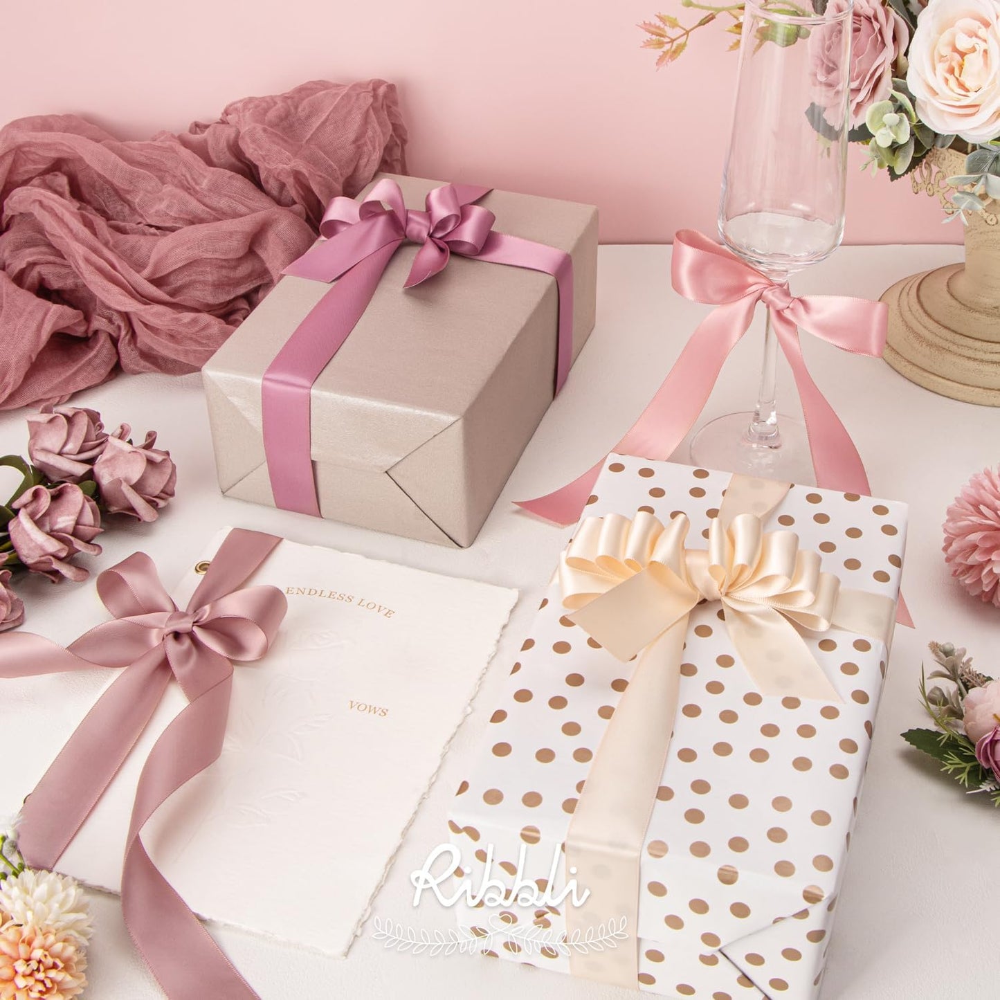 Ribbli Dusty Rose Satin Ribbon 1 Inch x 4 Rolls Total 40 Yards- Pink/Rose Gold/Rosy Mauve/Mauve Ribbon for Gift Wrapping Craft Wedding Decoration