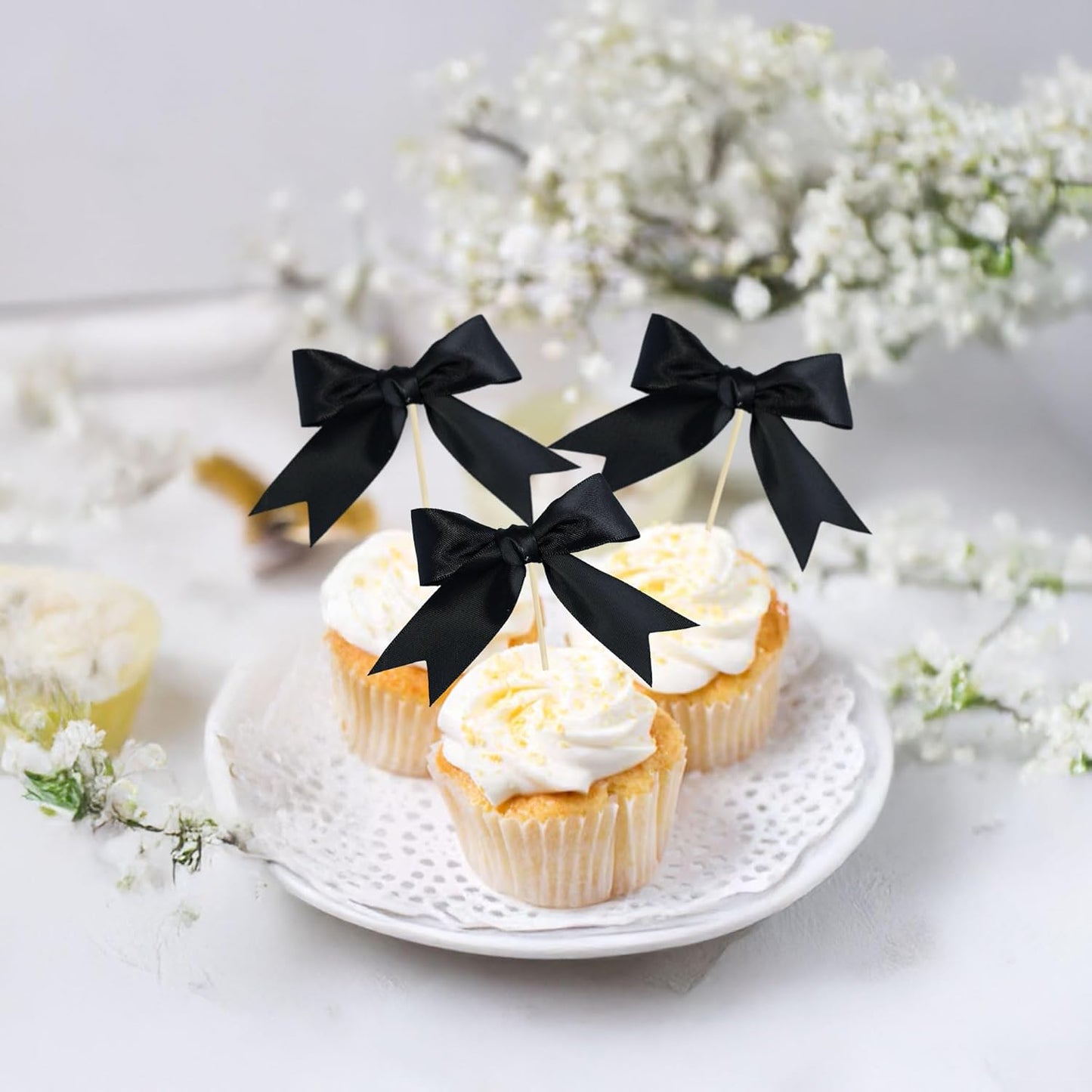 Gyufise 24Pcs Bow Cupcake Toppers Coquette Bow Girls Birthday Cake Decorations Bowknot Cake Toppers Bowknot Cupcake Picks for Baby Shower Birthday Wedding Bridal Engagement Party Supplies Black