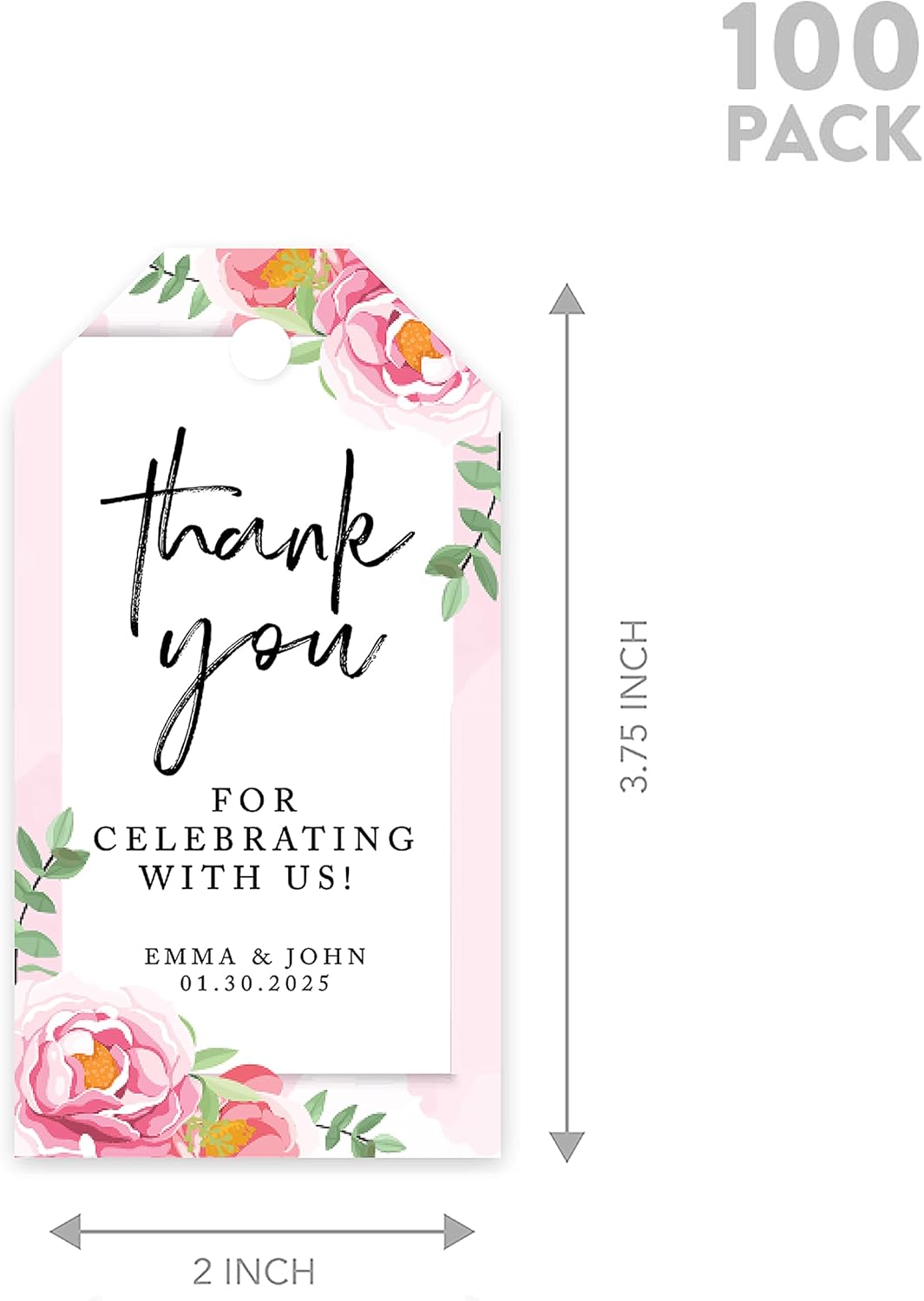 Andaz Press 100-Pack Personalized Thank You Tags with Bakers Twine, Pink Peonies Custom Cardstock Wedding Gift Tags 2 x 3.75-Inches