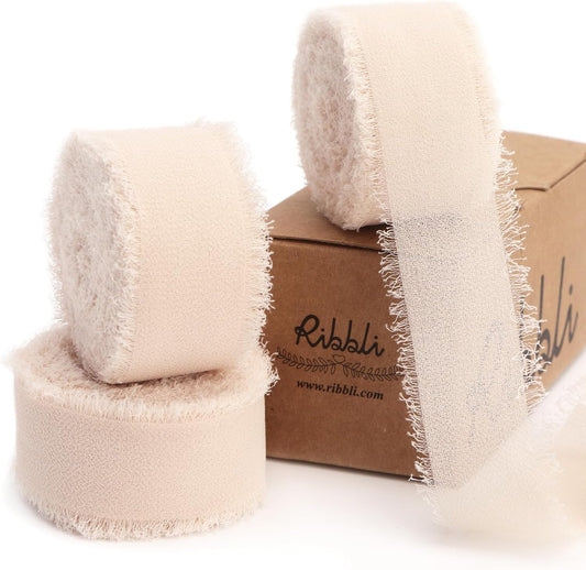 Ribbli Champagne Ribbon 1 Inch x 3 Rolls Total 24 Yards Nude Handmade Fringe Chiffon Silk Ribbon for Wrapping Wedding Invitations Bridal Bouquets DIY Crafts Home Decor