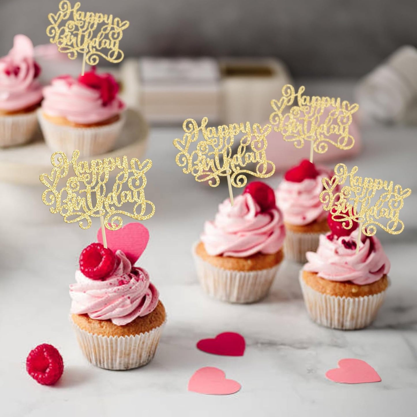 Gyufise 24Pcs Happy Birthday Cupcake Toppers Glitter Happy Birthday Cupcake Picks for Celebrating Happy Birthday Anniversary Theme Party Cake Decorations Supplies Gold