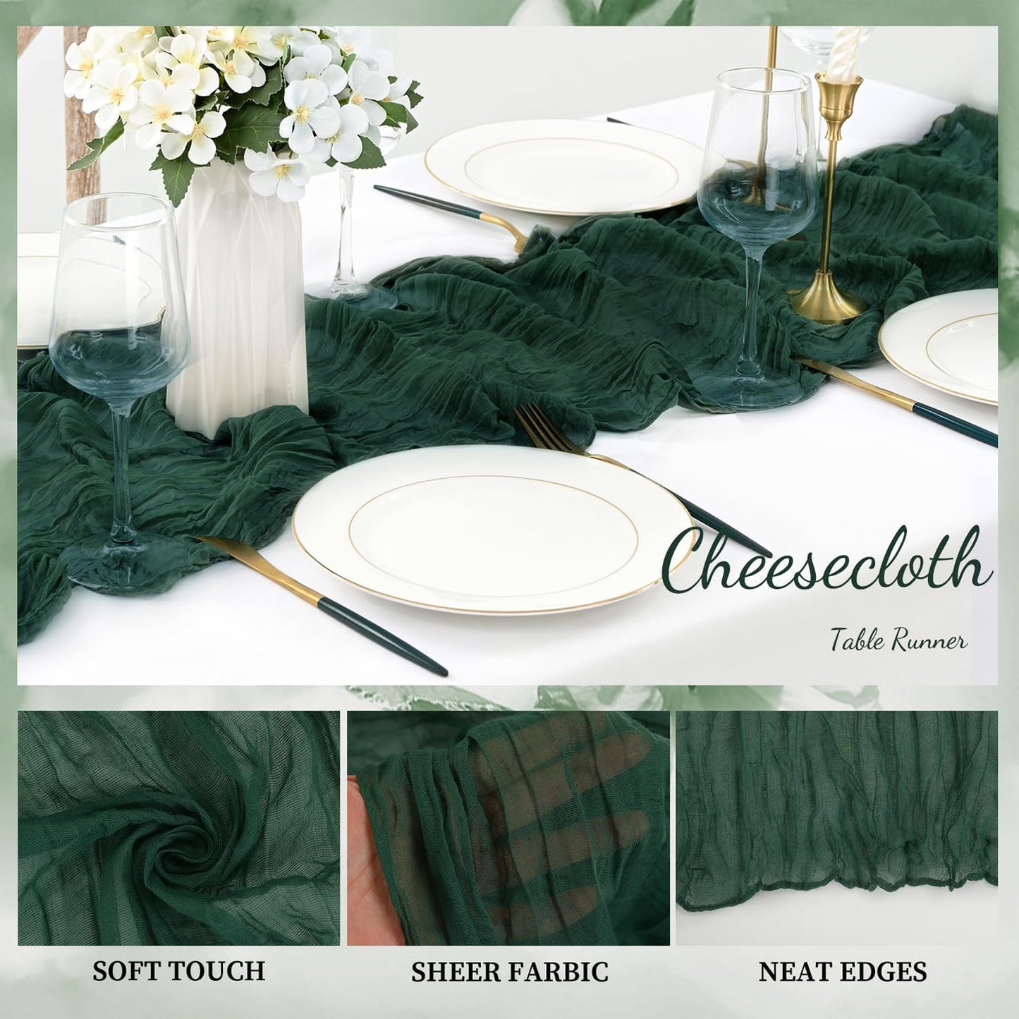 Emerald Green 20 Pack Cheesecloth Table Runner 10FT Boho Fabric Rustic Cheese Cloth Table Runner for Wedding 20 x 120 Inch Long Bridal Shower Baby Shower Gauze Sheer Birthday Party Table Decorations