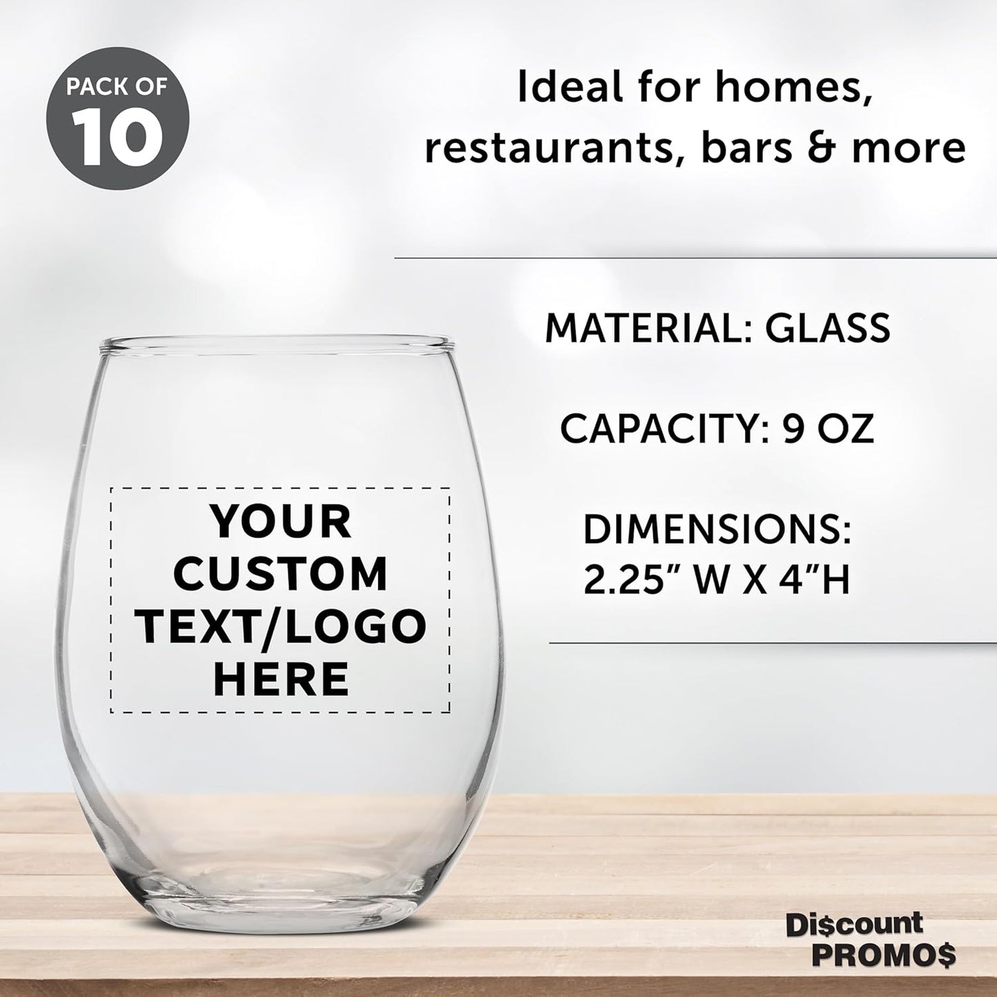 Custom Stemless Wine Glass 9 oz. Set of 10, Personalized Bulk Pack - Great for Wedding Favors, Bachelorette Party Decorations, Party Favors, Color Bottom - Clear