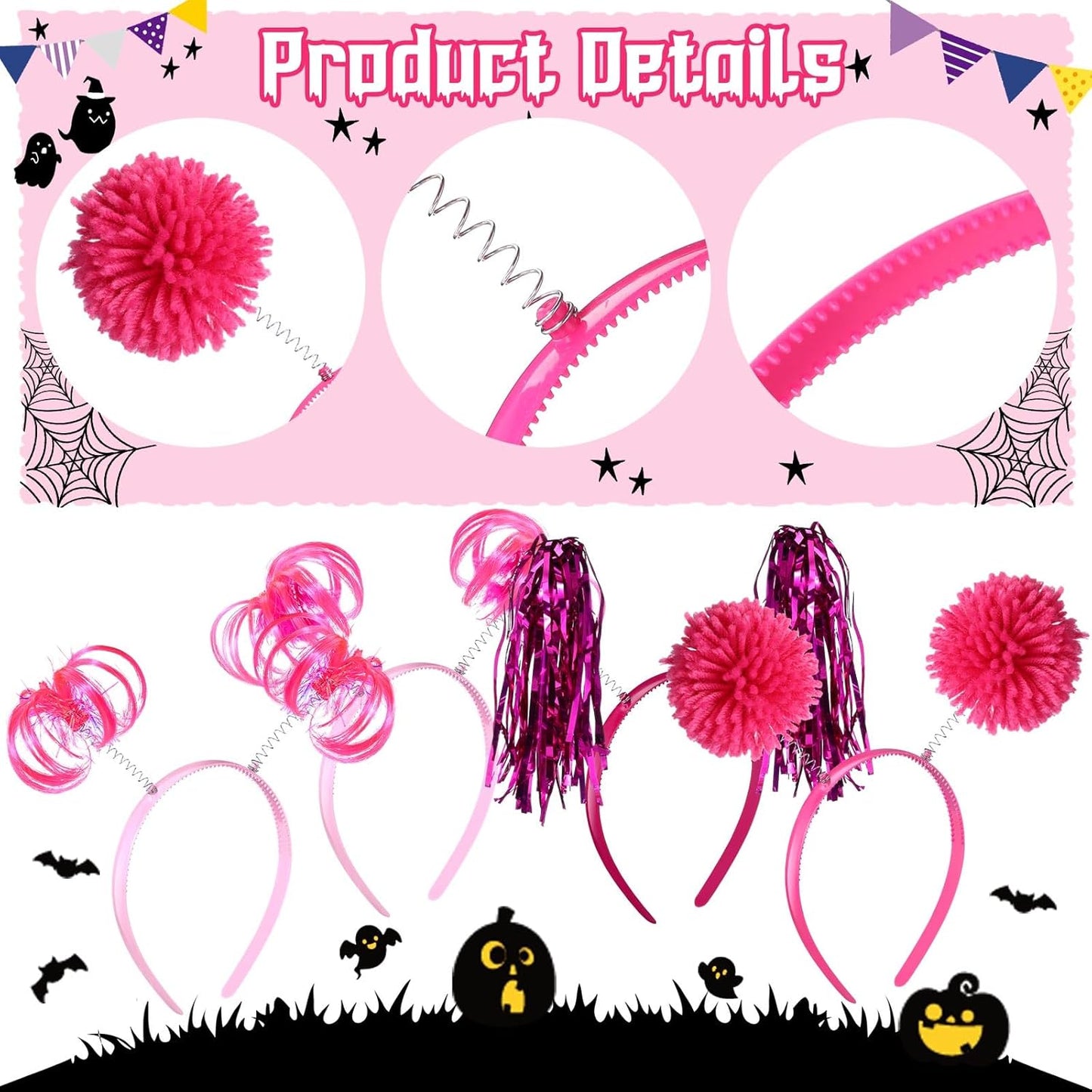 Censen 12 Pcs Halloween Pom Pom Party Headbands Tinsel Ponytails Spirit Head Bopper Headwear for Christmas Birthday Holiday