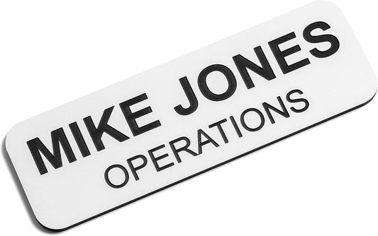 Custom Engraved Name Tag Badges – Personalized Identification with Pin or Magnetic Backing, 1 Inch x 3 Inches, White/Black