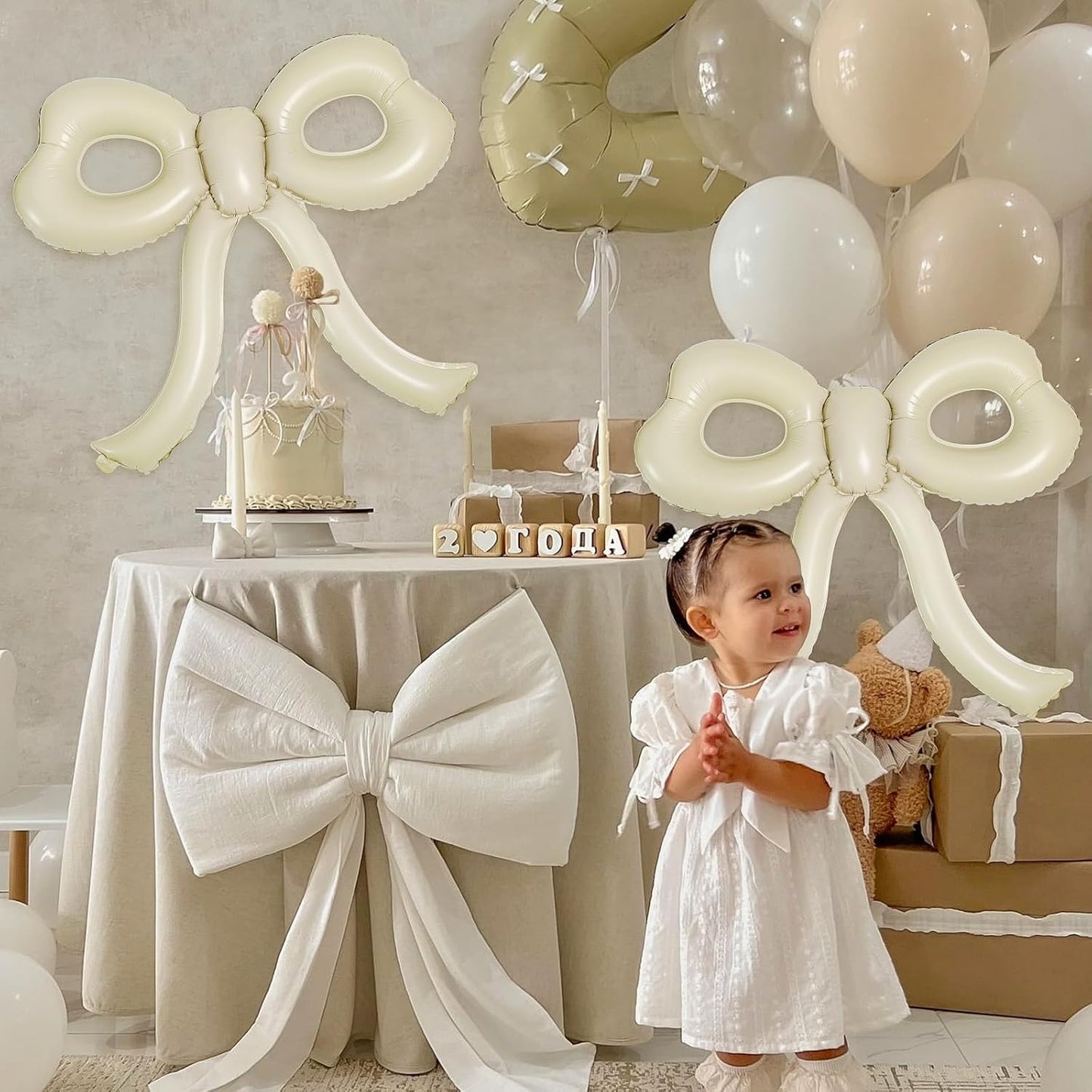 4 Pcs Bow Birthday Decorations Cream Bow Balloons for Girl Women Bow Themed Party Decorations Giant Foil Beige Balloons for Birthday Baby Shower Gender Reveal Wedding Decor Party Supplies