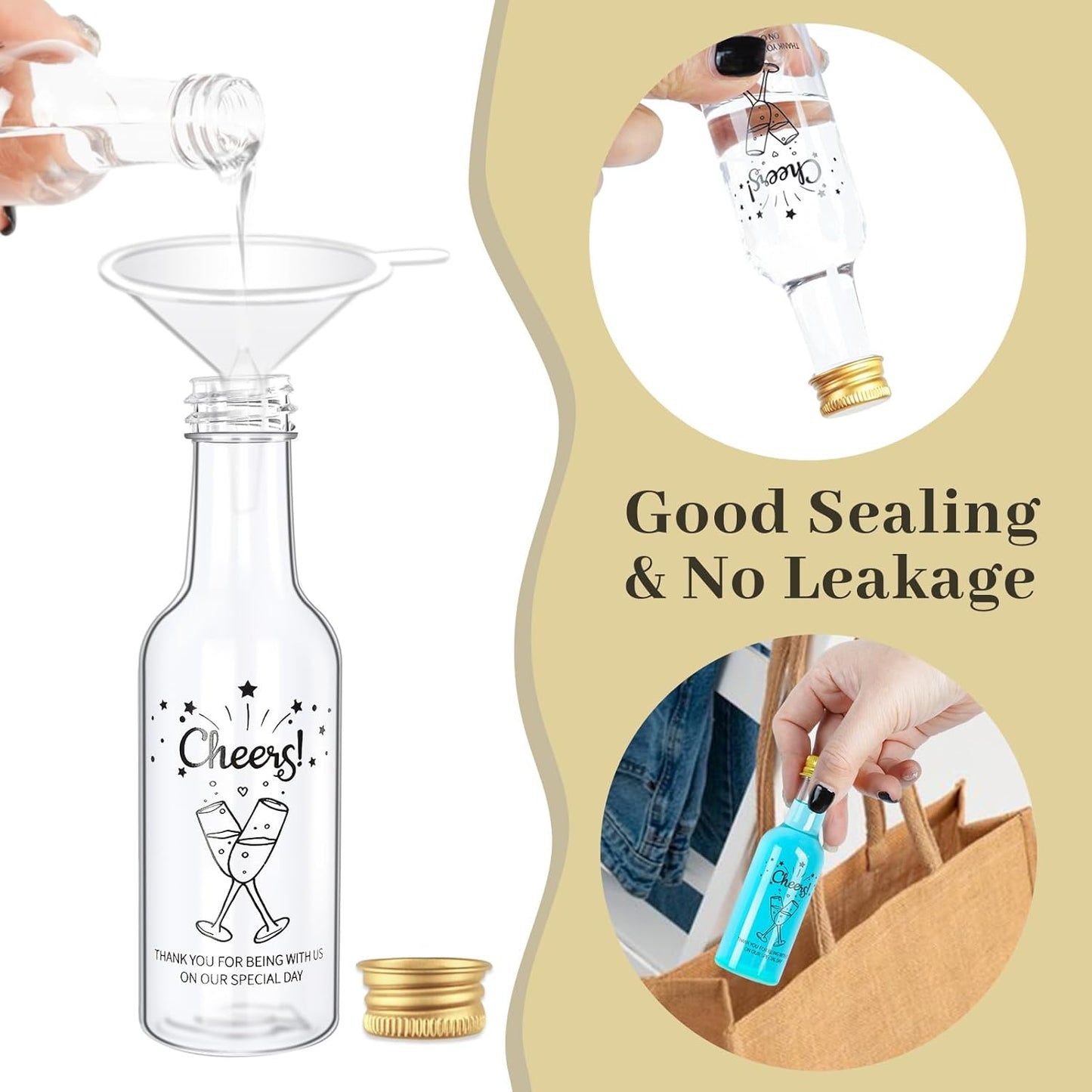 OurWarm 50 Pack Mini Liquor Bottles, 1.7oz/50ml Mini Shot Bottles with Gold Screw Caps Funnels Tags & Twines, Empty Wine Bottles for Juice Alcohol Homemade Liquor Birthday Wedding DIY Party Favors