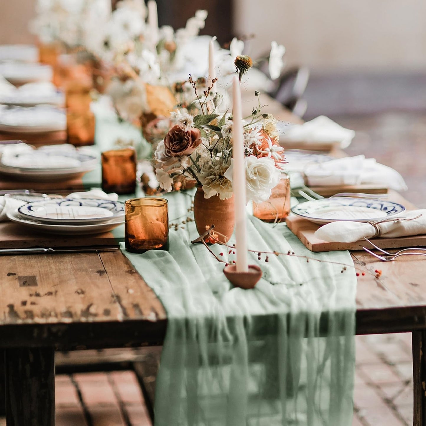 Hahuho Sage Green Cheesecloth Table Runner 10ft, Gauze Boho Rustic Table Runners for Wedding Birthday Party Baby Shower Decorations（6 Pack , 35x120 Inches）