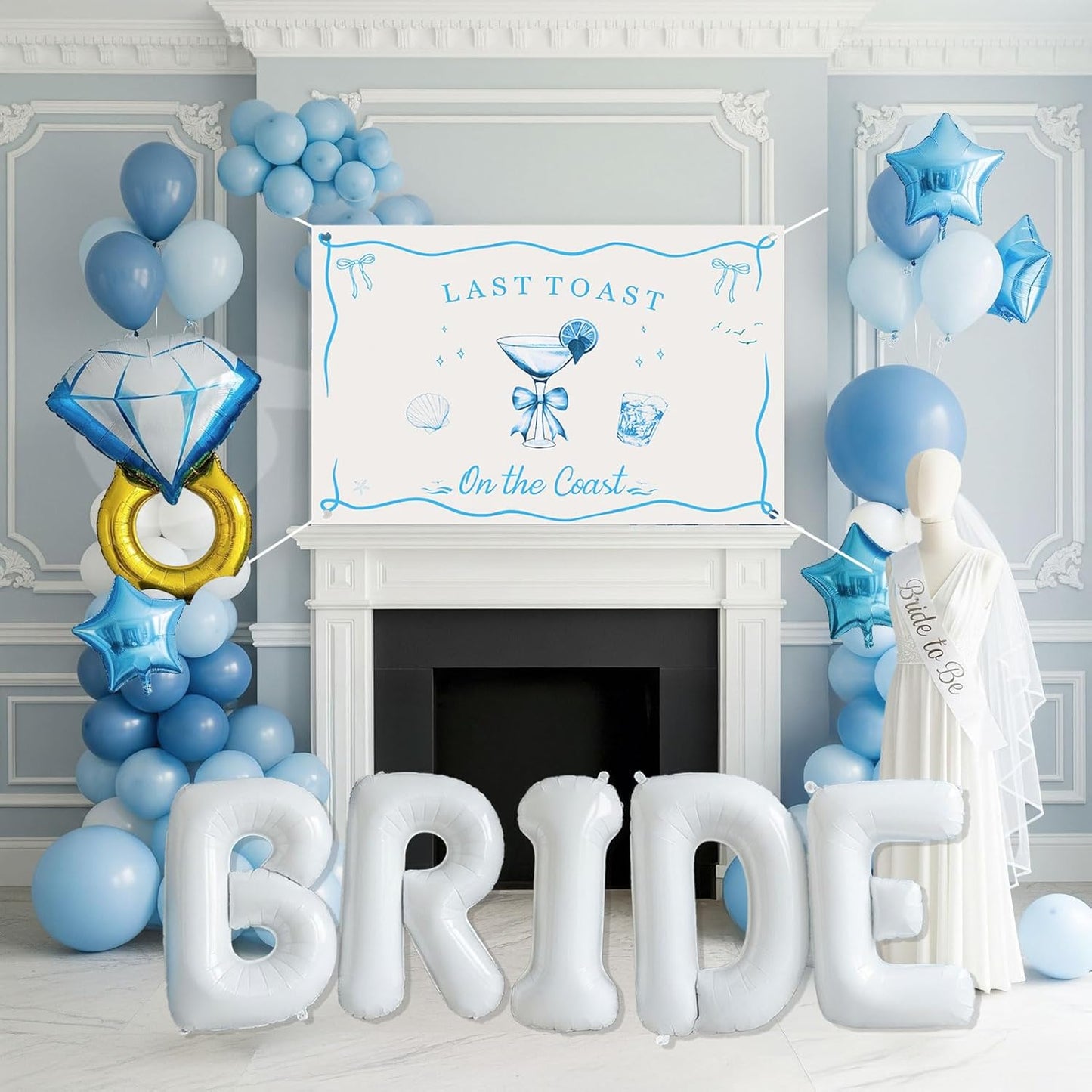 Last Toast on the Coast Bachelorette Decorations Blue bridal shower Blue Balloon Garland Kit with Backdrop Huge 40 inch BRIDE letter Diamond Ring balloons for Hen Party Wedding Engagement supplies