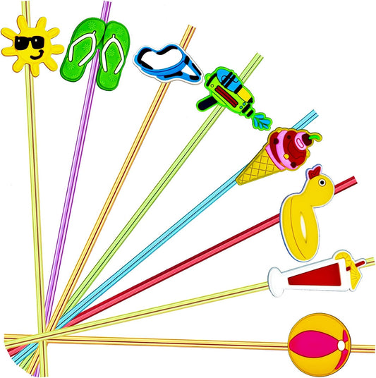 24 Pieces Beach Theme Reusable Plastic Drink Cocktail Straws Beach Ball Pool Summer Birthday Party Favor Decorations With 2 Cleaning Brushes 6 Colors Straws