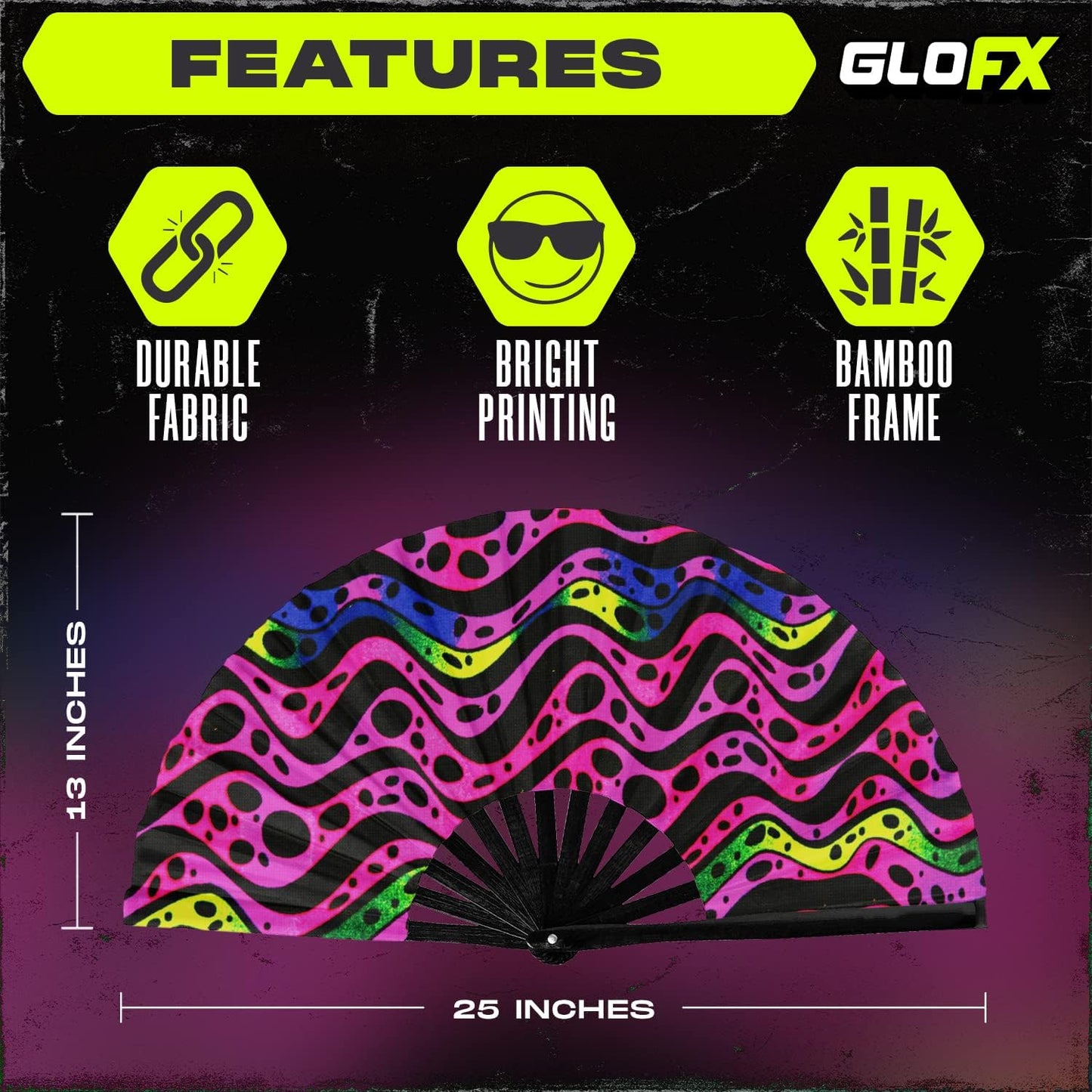 GloFX Folding Fan - Heat Wave - Large Rave Clack Folding Hand Fan for Men and Women - for EDM, Music Festival, Club, Event, Party, Dance, Performance, Decoration, Gift