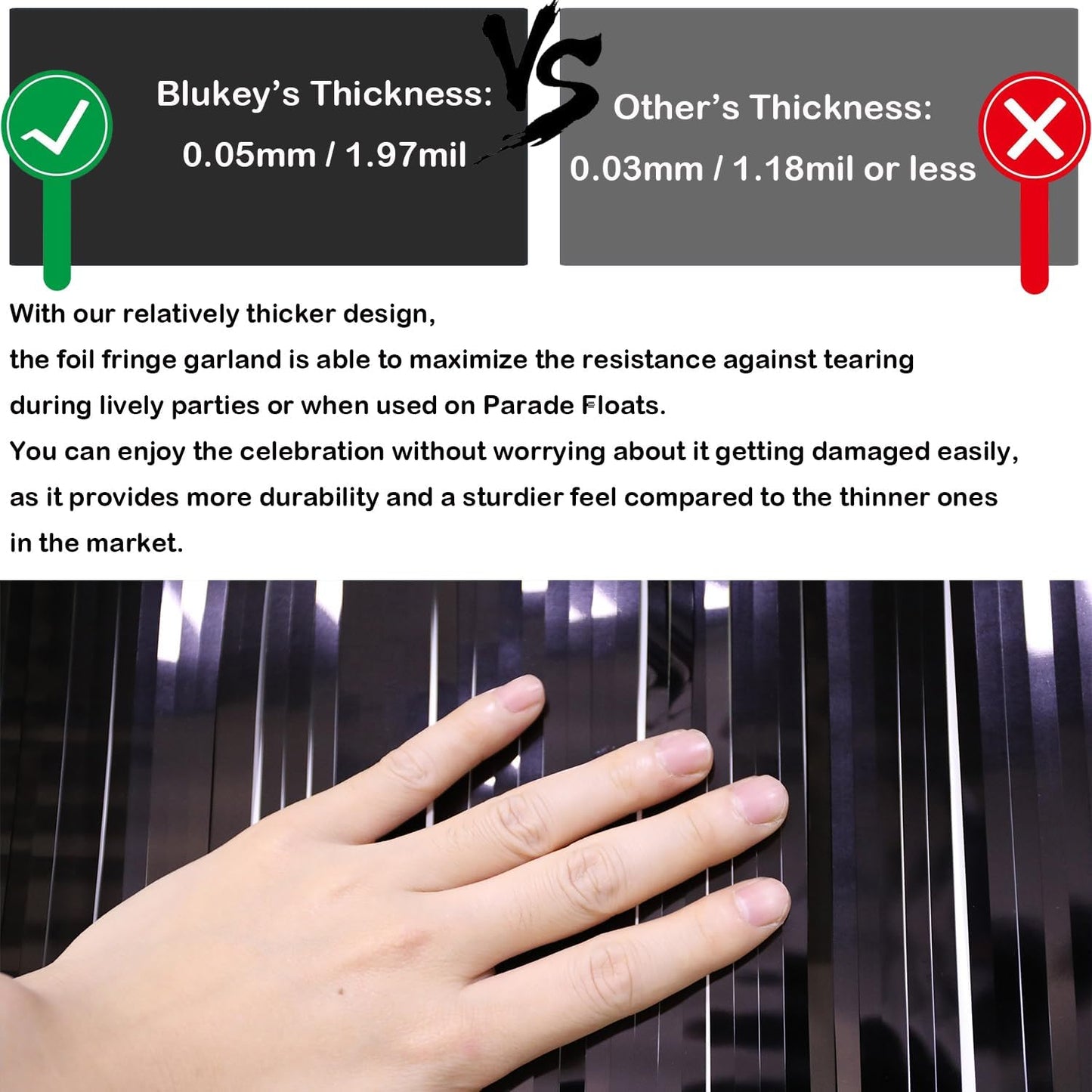 Thick 10 Feet by 15 Inch Black Foil Fringe Garland - Pack of 3 - Shiny Metallic Tinsel Banner for Parade Floats, Easter Day, Halloween, Christmas | Wall Hanging Drapes (3)