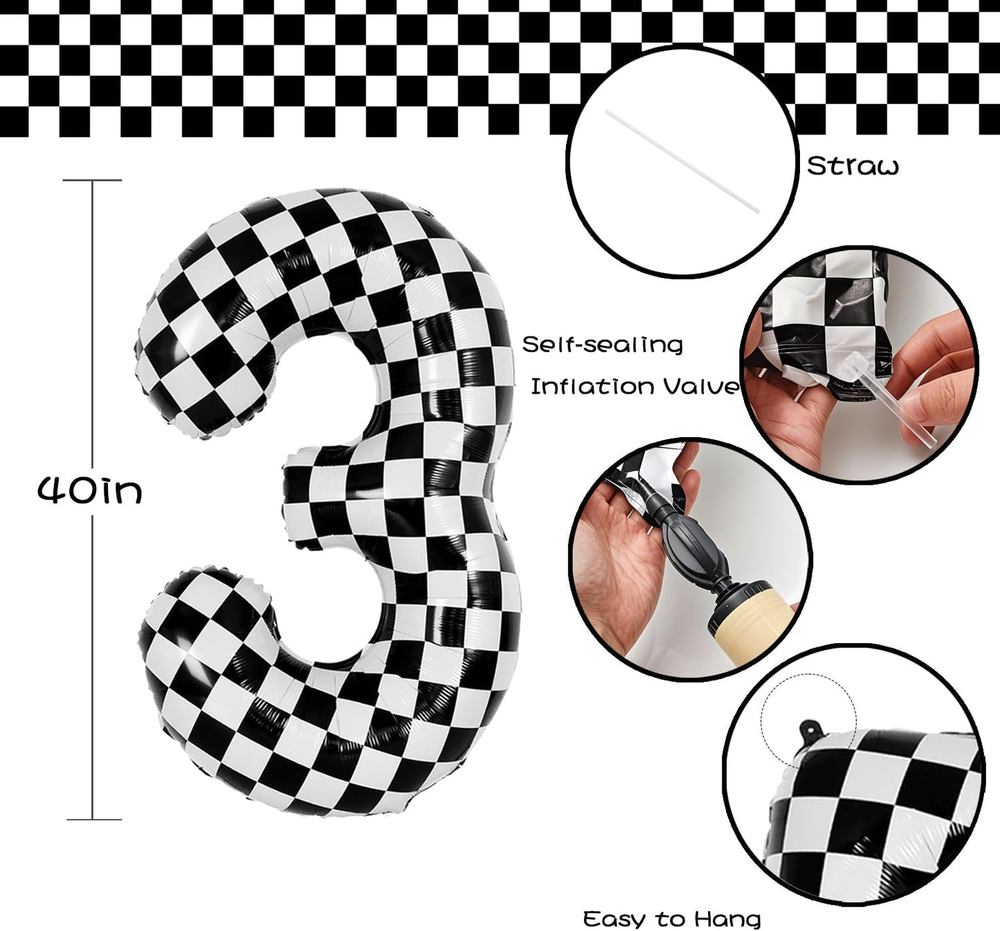 40 Inch Checkered Number Balloon - Race Flag Pattern Big Helium Balloon for Birthday Party Decorations - Black & White Balloon for Kids Adults Party Supplies (Racing Car, Number 3)