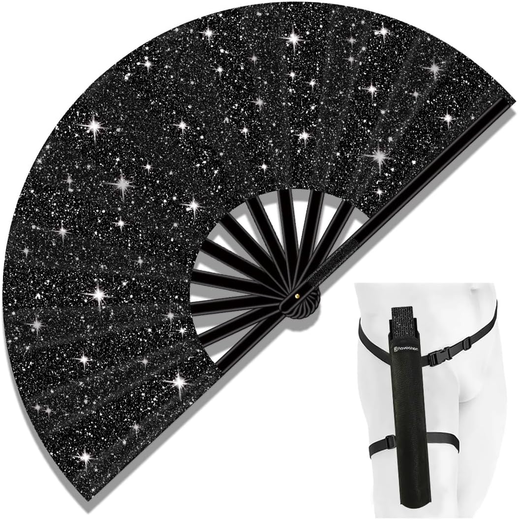 13" Large Folding Rave Fan with Holster, Clack Hand Fans Foldable for Line Dancing, Boots On The Ground Fan for Women Men Festival EDM Party Decoration, Glitter Black