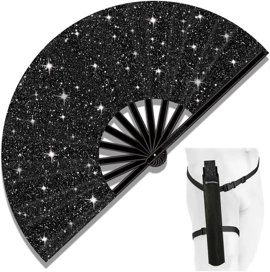 13" Large Folding Rave Fan with Holster, Clack Hand Fans Foldable for Line Dancing, Boots On The Ground Fan for Women Men Festival EDM Party Decoration, Glitter Black