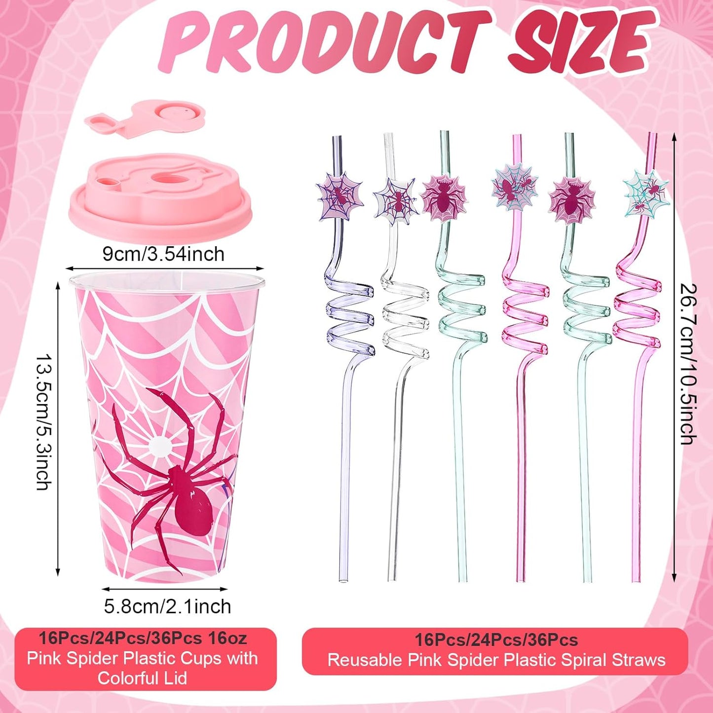 Yungyan 36 Sets Pink Spider Party Favors Goodie Cups with Lids and Straws for Halloween Party Decorations Reusable 16oz Plastic Candy Cups Plastic Straws for Birthday Gift (Pink Spider)