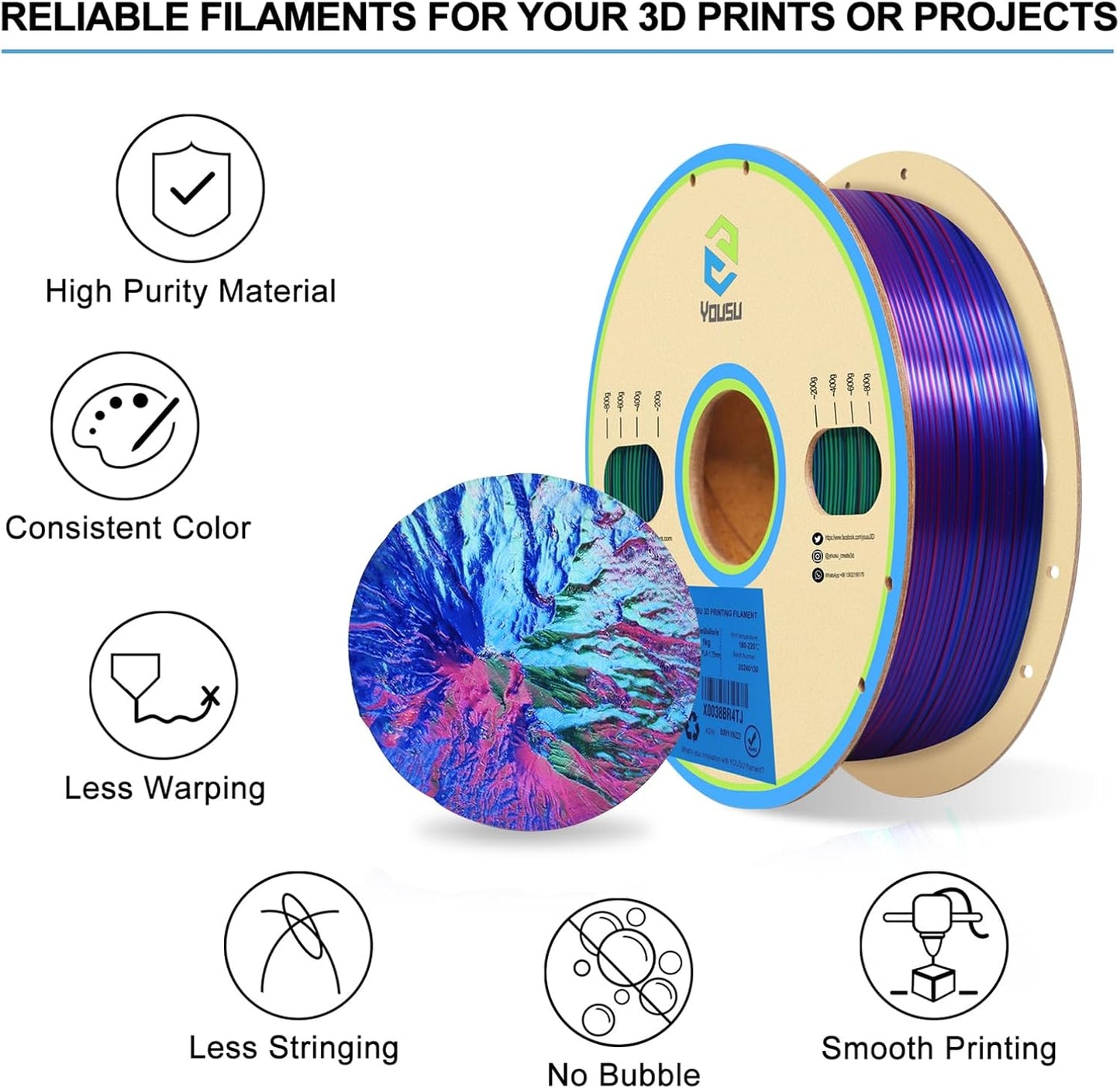 YOUSU 3D Printer Filament Triple Color Silk PLA Filament 1.75mm,3D Printing Filament Coextrusion Rainbow Filament with Silk PLA,1kg/2.2lbs,Silk Rose red/Blue/Green.