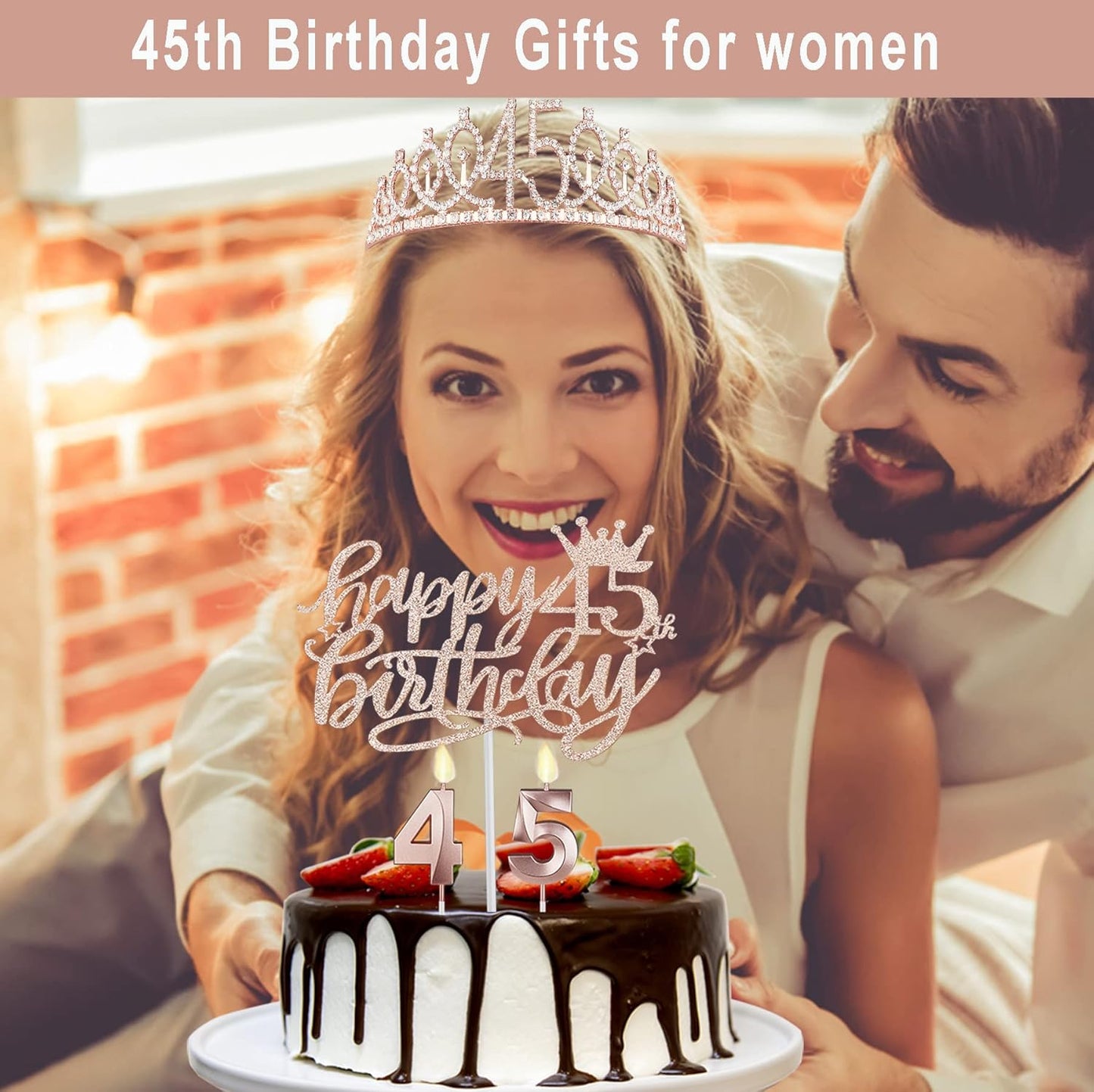 45 Birthday Decorations for Women Including Birthday Sash and Tiara, Cake Topper and Candles, 45 Year Old Gifts for Women, Rose Gold Party Decor Supplies