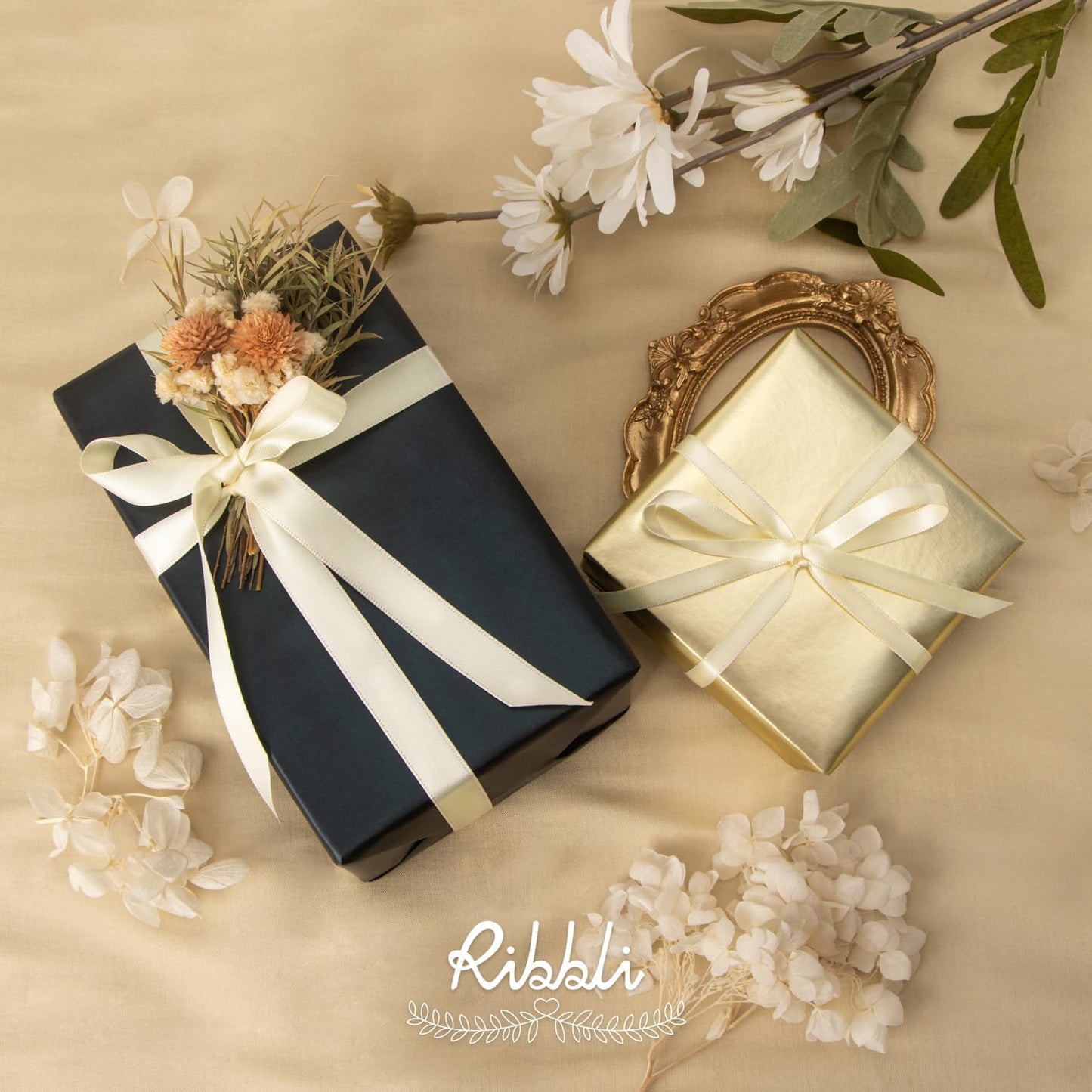 Ribbli Ivory Satin Ribbon Double Faced Satin 1/4 Inch x Continuous 100 Yards-Cream White Ribbon for Gift Wrapping Crafts Wedding Decoration Bows Bouquet Floral Arrangement