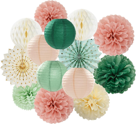 Sage-Green Pink-Beige Boho Party-Decorations Streamers - 14pcs Rustic Neutral Wedding Olive Paper Honeycomb Lanterns Fan,Birthday Baby Bridal Shower Engagement Decor Lasting Surprise