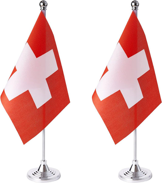 ZXvZYT 2 Pack Switzerland flag Swiss Table Flag Small Mini Swiss Desk Flags With Stand Base,International Festival Events Celebration Decorate,Home office Decorations