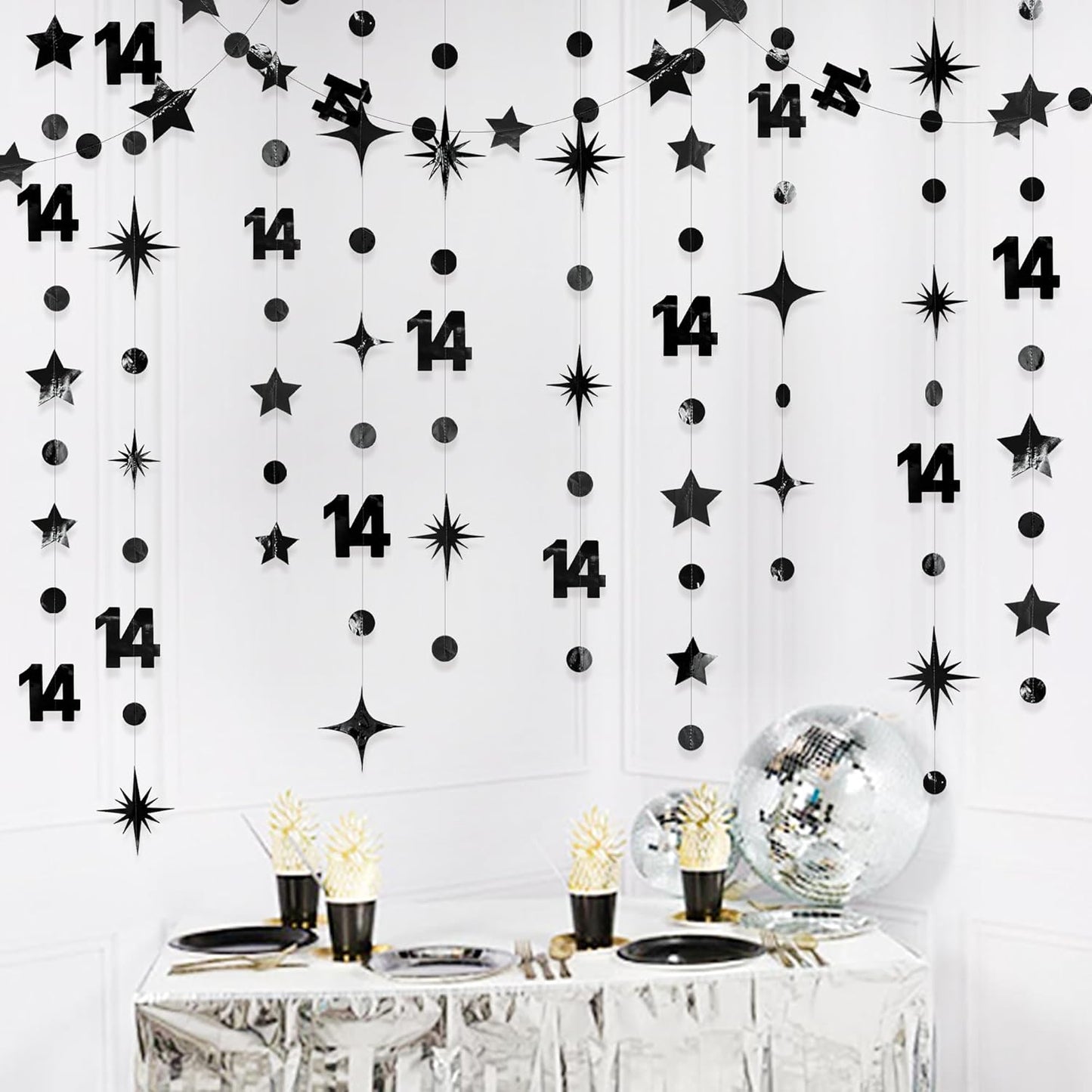 Black 14th Birthday Decorations Number 14 Circle Dot Star Garland Metallic Hanging Streamer Banner Backdrop for Girls Boys Happy 14 Years Old Fabulous Birthday Fourteen Anniversary Party Supplies