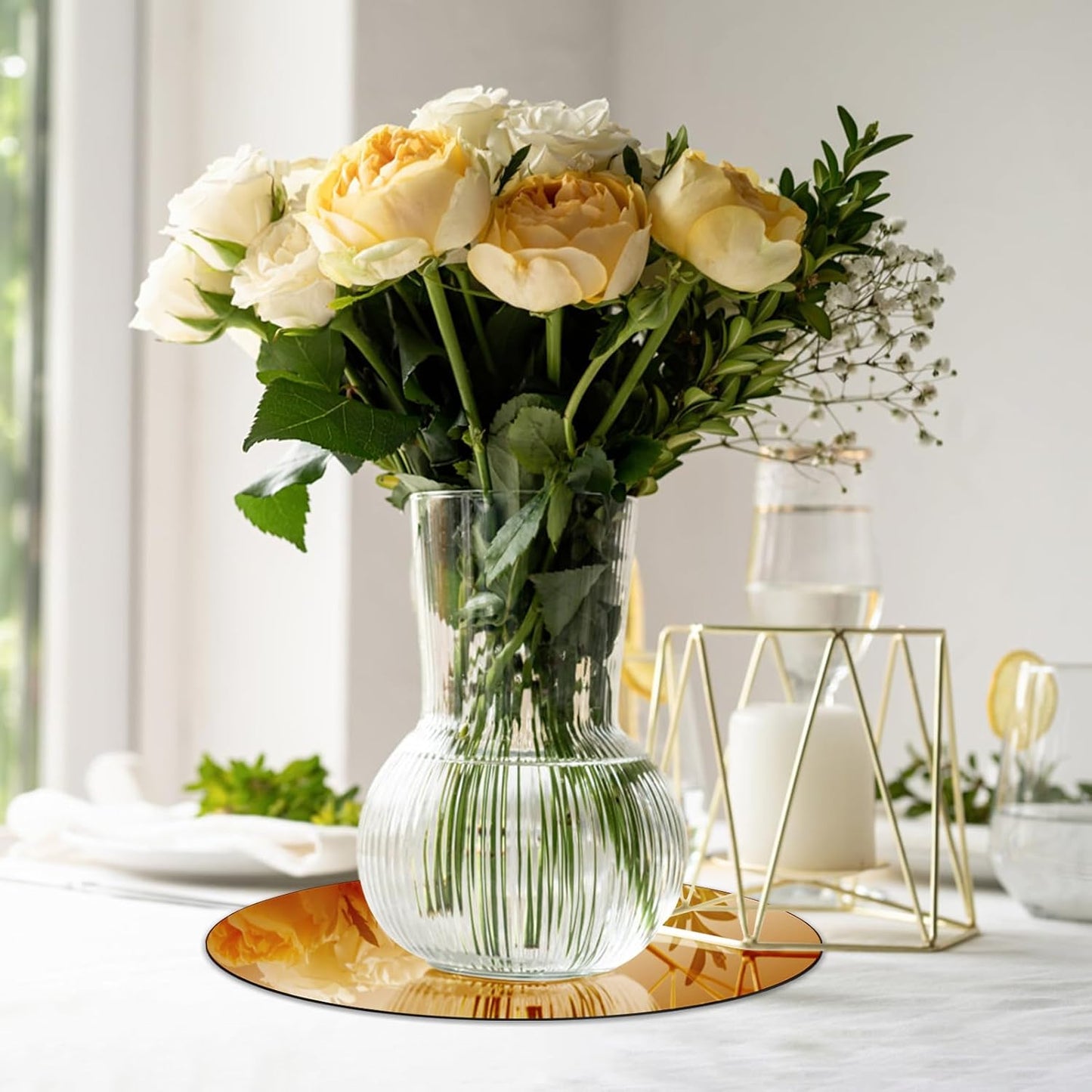 VASUHOME 10" Gold Mirror Centerpieces for Tables, Round Mirror Plates Set for Candle, Wedding, Party Decorations, Circle Mirror Trays with Smooth Edge and Cushioned Feet, 2mm Thick