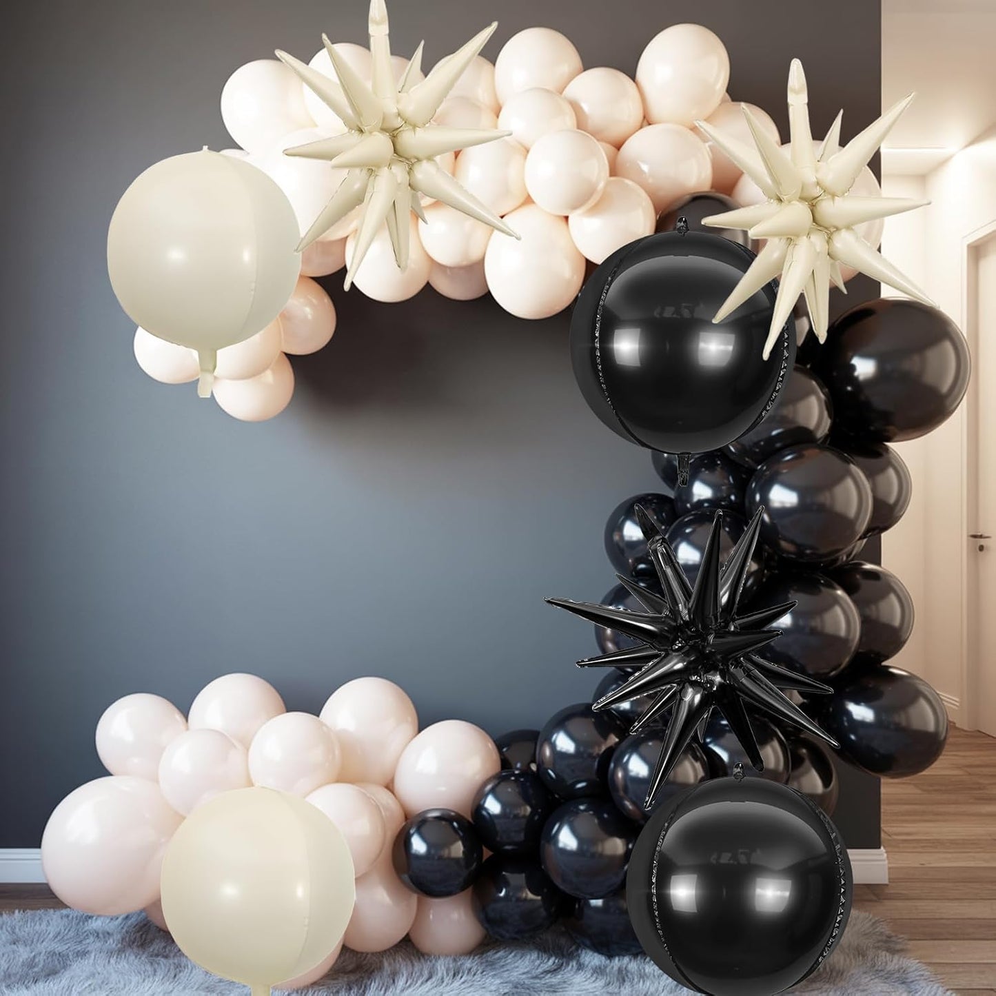 6Pcs Black White Foil Balloons,22Inch Sand White Black 4D Round Ball Balloon and Explosion Star Balloon for Birthday Wedding Baby Shower Anniversary Decorations