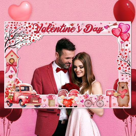 Valentine's Day Photo Booth Props Frame Pink Heart Valentine's Day Theme Selfie Photo Booth Picture Frame Photobooth Props for Photoshoot Posing Signs for Valentine Day Wedding Festival Party Decor