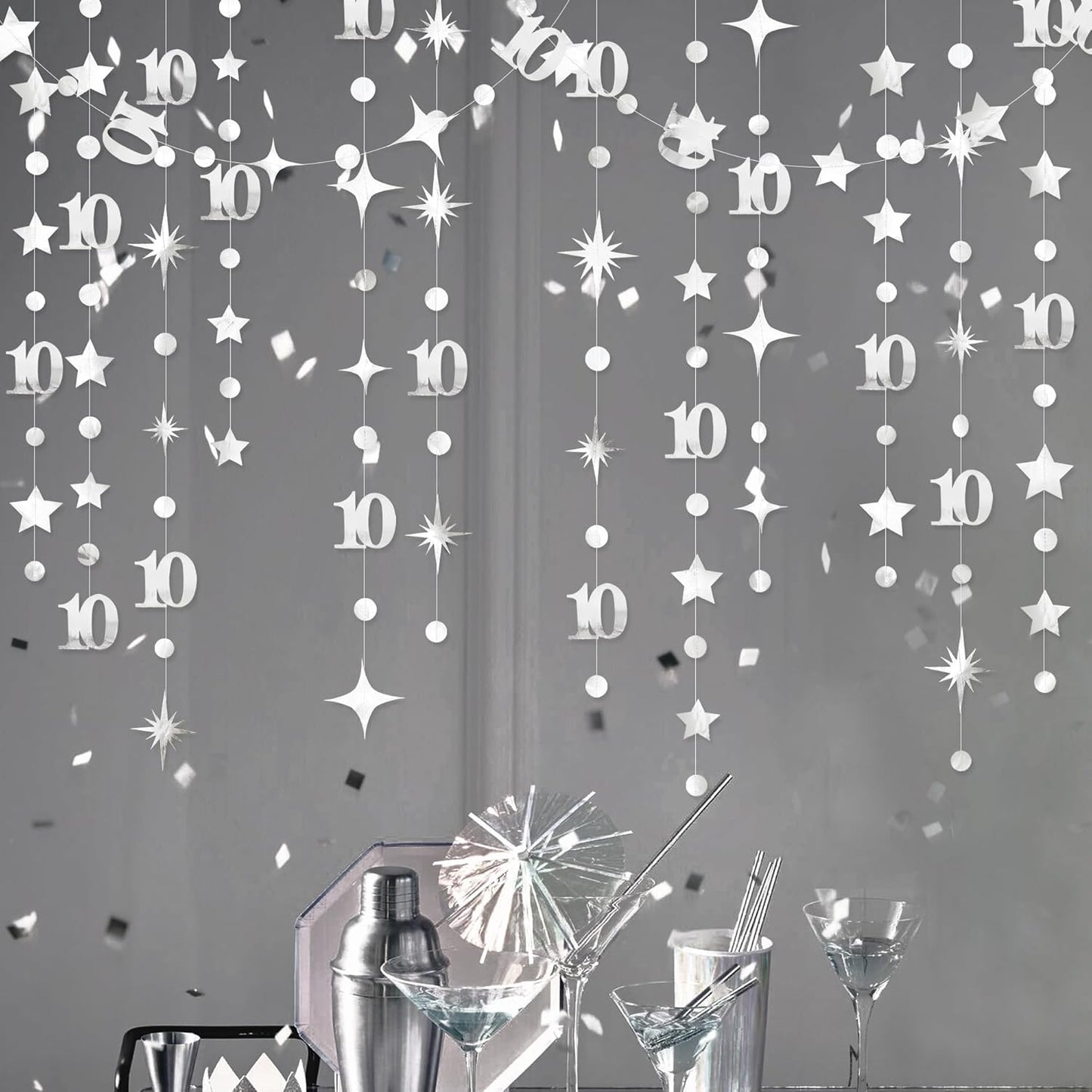 Silver 10th Birthday Decorations Number 10 Circle Dot Twinkle Star Garland Metallic Hanging Streamer Banner Backdrop for Girls Boys Double Digits Ten Year Old Birthday 10th Anniversary Party Supplies