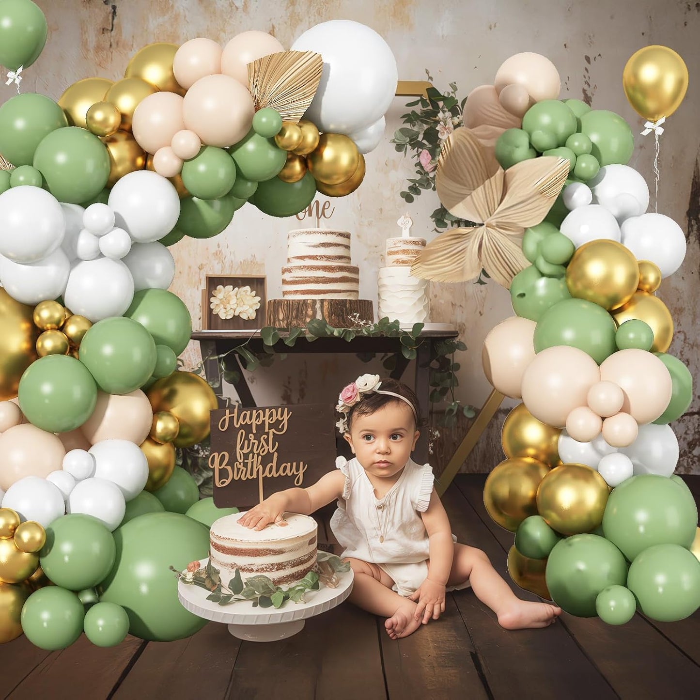 Sage Green Balloon Arch Kit 97Pcs Avocado Green Gold Balloons Garland Kit with Double Stuffed Balloons Neutral Nude Beige Cream White Birthday Party Balloons for Bridal Baby Shower Wedding Decorations