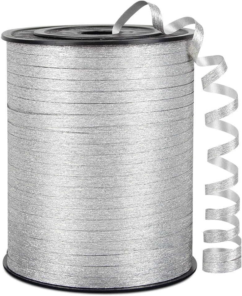 KMER LIFE Silvery Glitter Curling Ribbon, 1/5" Wide x 500 Yards Christmas Curling Ribbons for Gift Wrapping, Party Decoration, Balloon String, Crafting, Balloon Ribbons for Florist Flower (1 Roll)