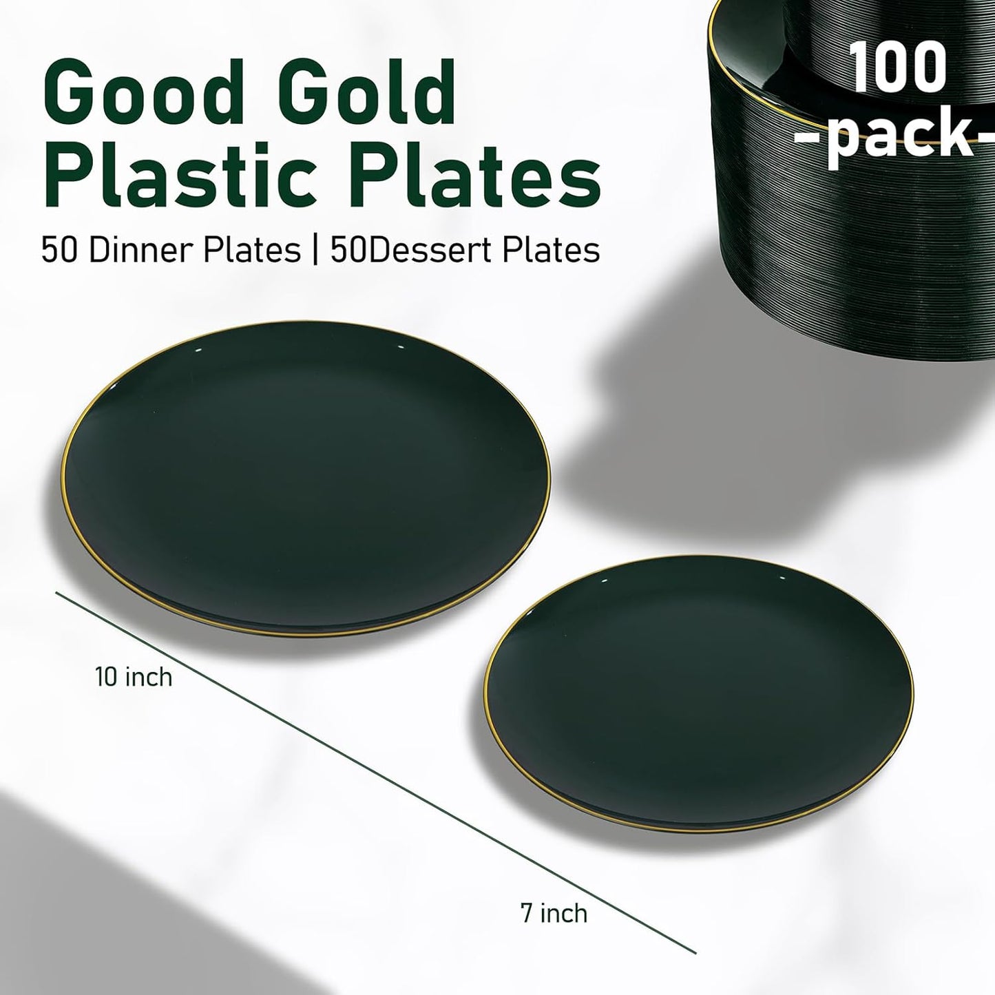 bUCLA 100PCS Green Plastic Plates - Heavy Duty Green Disposable with Gold Rim Include 50 Dinner 10 inch & 50 Dessert 7 inch Plates, Ideal for Party & Christmas