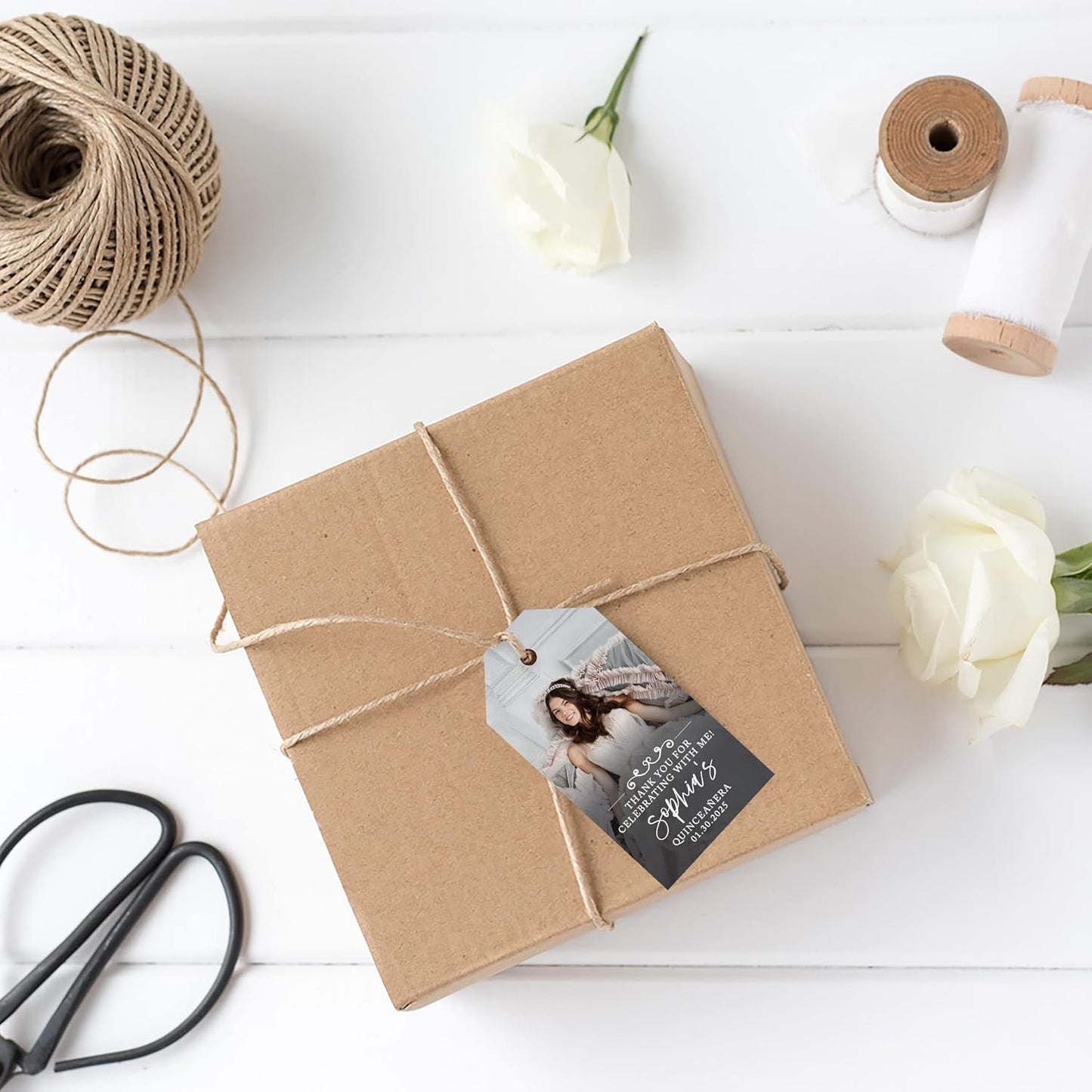 Andaz Press 40-Pack Personalized Quinceañera Favor Tags with String, Classic Thank You for Celebrating with Me Gift Tags with Custom Photo for Mis Quince Años, XV, 15th Birthday, Favor Gifts