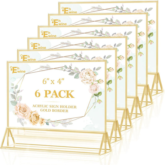 EHWINE 6 Pack Acrylic Sign Holder 4 x 6 Horizontal, Double-Sided Stand up Table Top Sign Holders, Gold Acrylic Picture Frame Menu Flyer Paper Holder Display Stand for Office Business Store Wedding Party