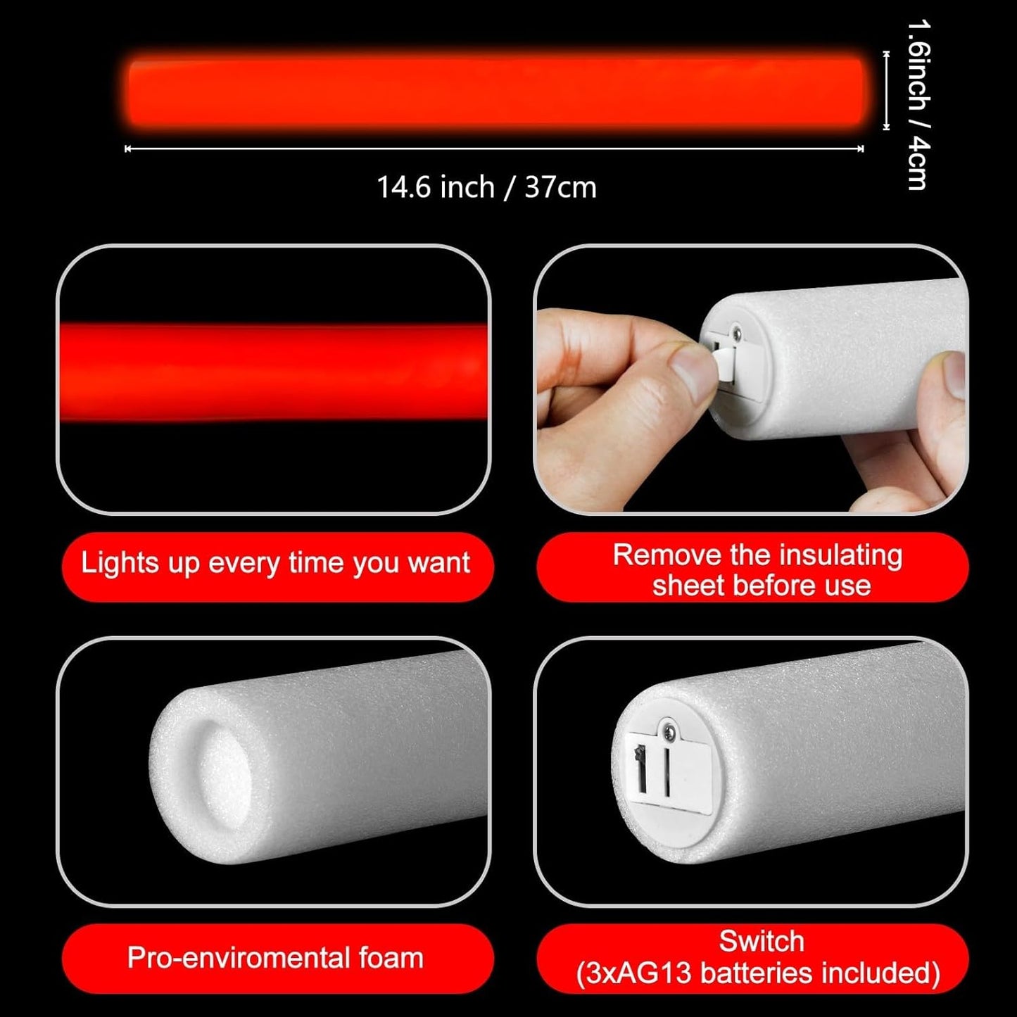 Glow Foam Sticks Bulk, 24 Pcs Red Giant LED Light Up Sticks 3 Modes Flashing Glowing Baton Wands Party Supplies for Wedding, Raves,Concert,Birthday,Christmas, Halloween,Sporting Events