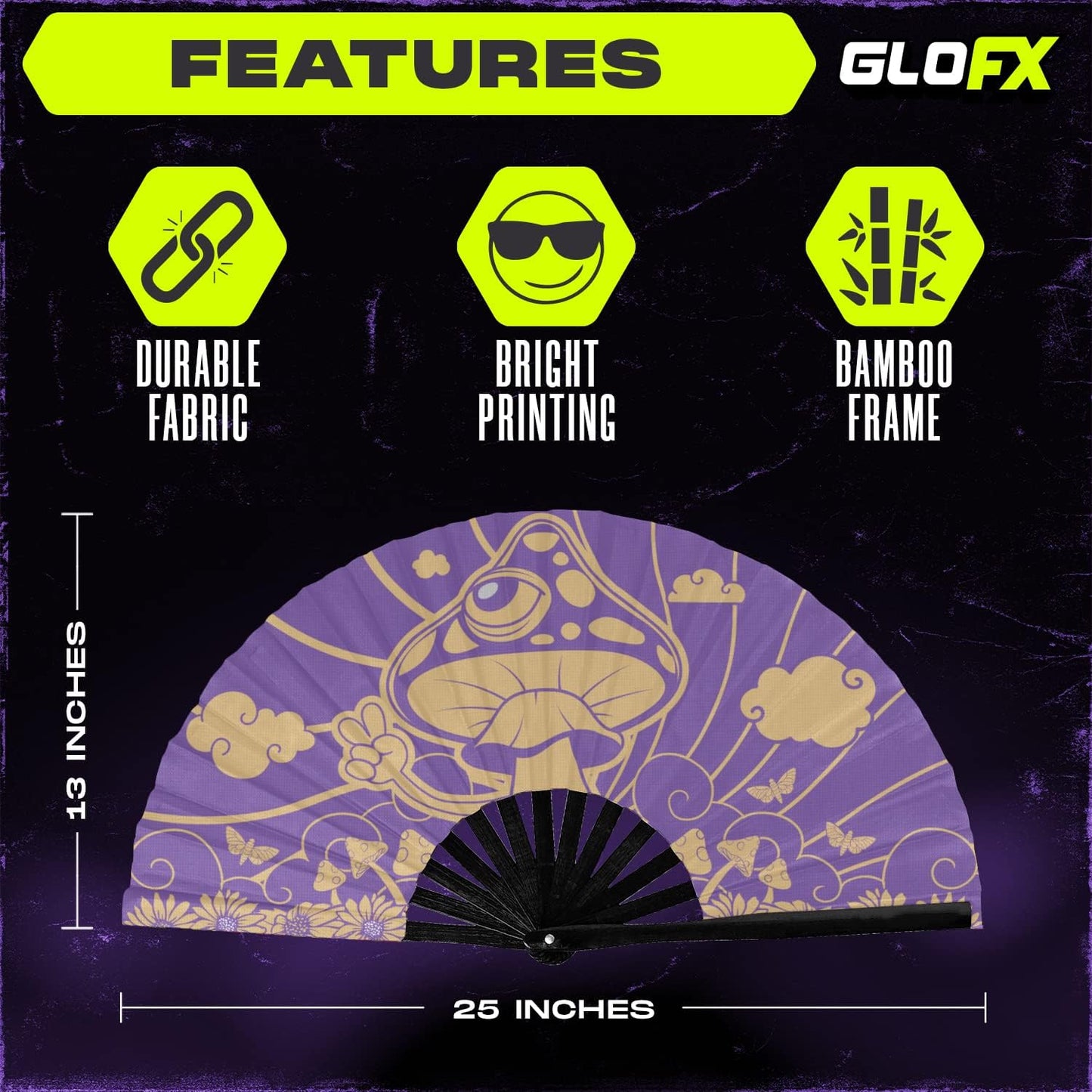 GloFX Rave Fan - Groovy Mushroom - Large Folding Fan - Music Festival Essential, EDM Rave Accessories, Folding Hand Fan, Clack Fan