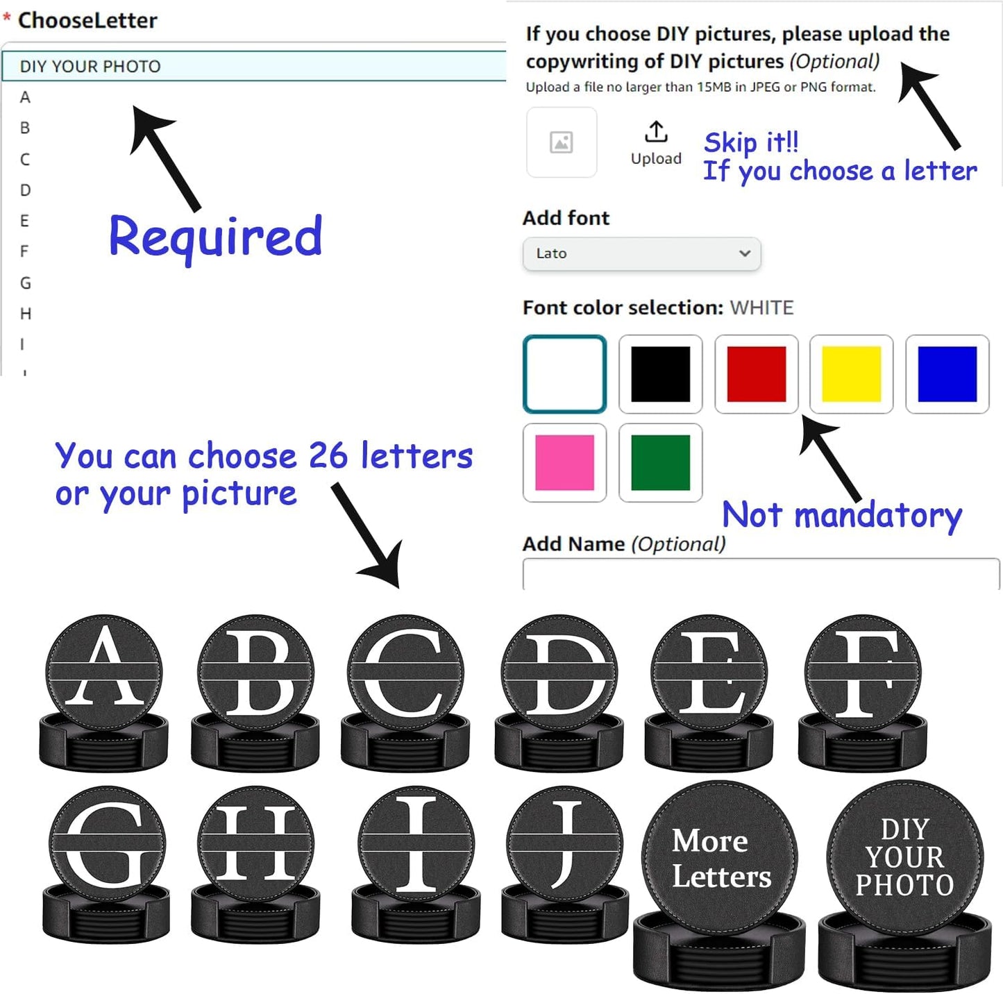 Custom Coasters Set of 6, Personalized Leather Coasters for Drinks with Holder, Customized Coasters Name, Photo, Logo for Coffee Table Bar Wine Cup Housewarming